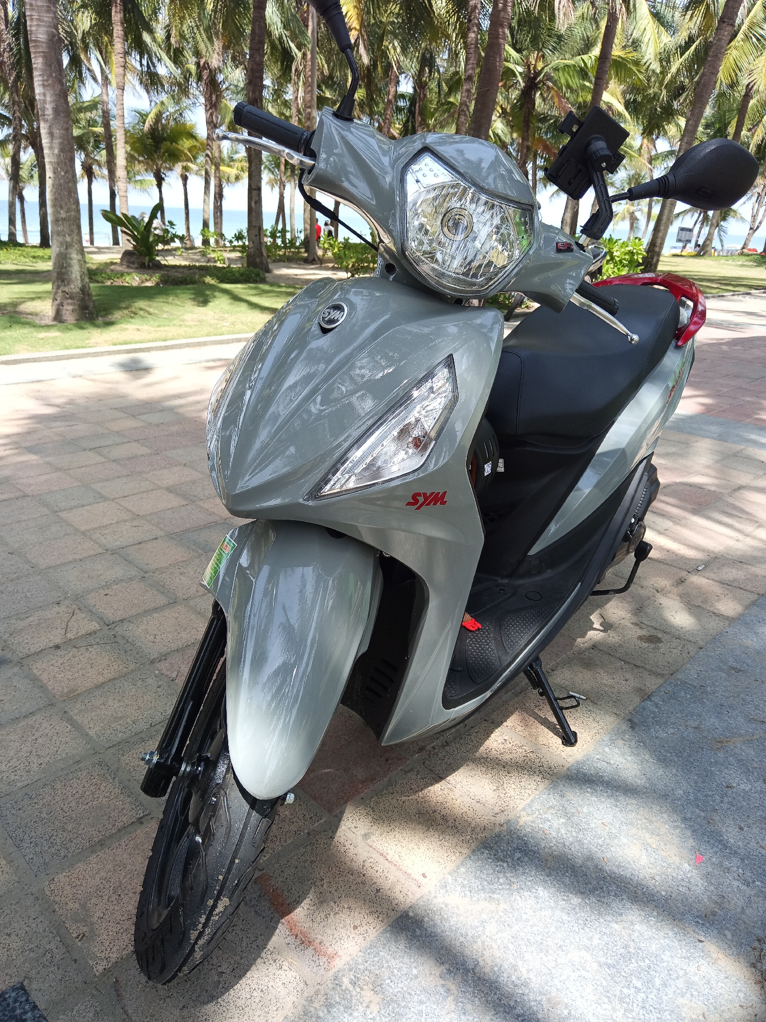 The image shows a gray SYM scooter parked on a tiled pedestrian walkway. The scooter has a black seat and a red passenger handle. In the background, a row of palm trees lines a beach with the ocean visible beyond. The scene appears to be set in a coastal area of Da Nang, Vietnam, suggested by the distinctive palm trees and the presence of the ocean. The lighting indicates it is daytime, with shadows from the palm trees cast across the walkway. No people are clearly visible in the immediate vicinity of the scooter, though two figures can be seen in the distance near the beach.