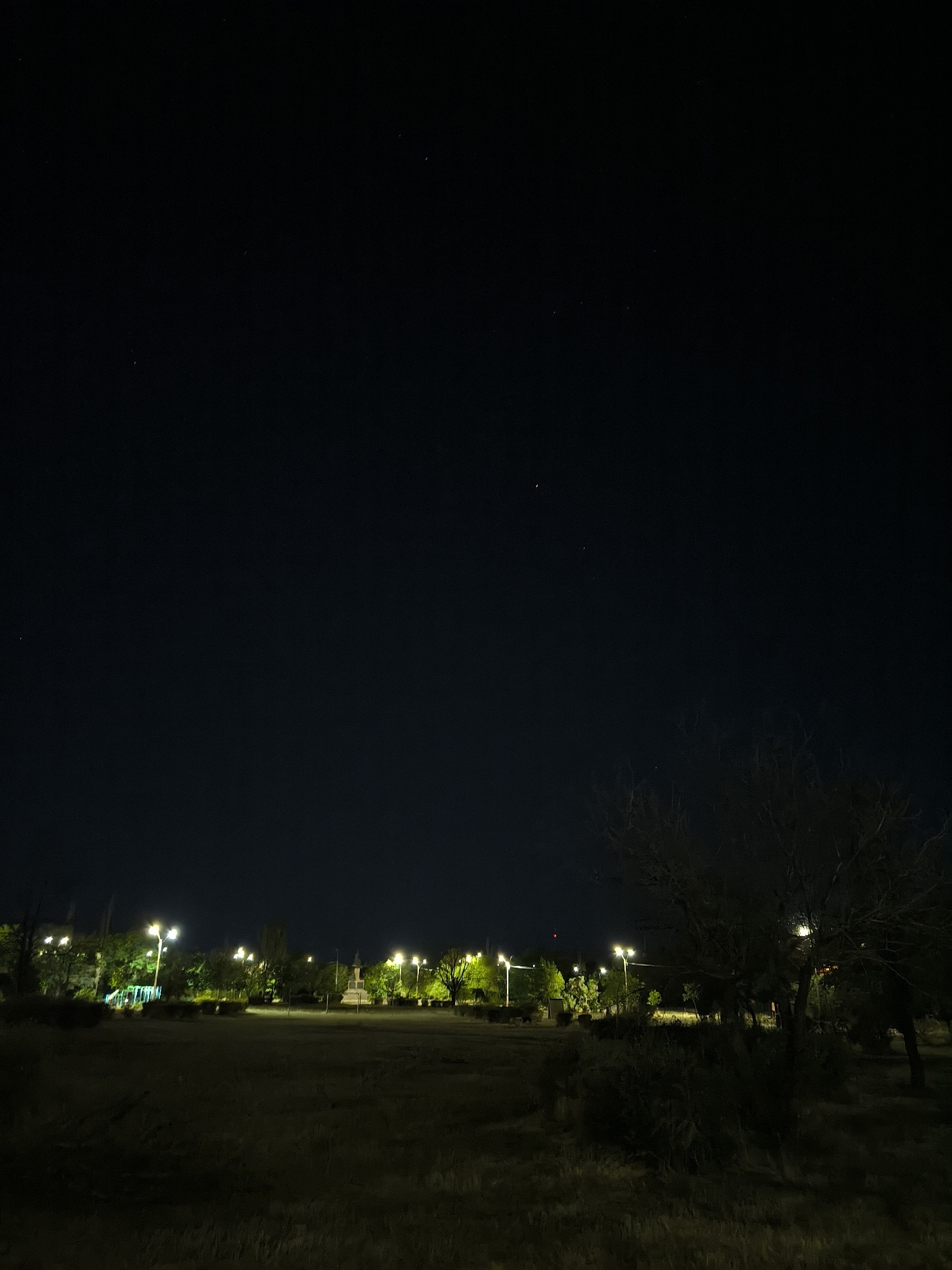 The image depicts a nighttime view of a park-like area, possibly a public square or a memorial complex, in Mykolaiv, Ukraine. Several lampposts illuminate the scene, casting a warm glow on trees and pathways. In the background, a monument or statue stands prominently, suggesting a historical or commemorative site. The foreground is a field with some vegetation, and the overall atmosphere is tranquil and dark, with the sky showing a few distant stars. No people are visible in the image.