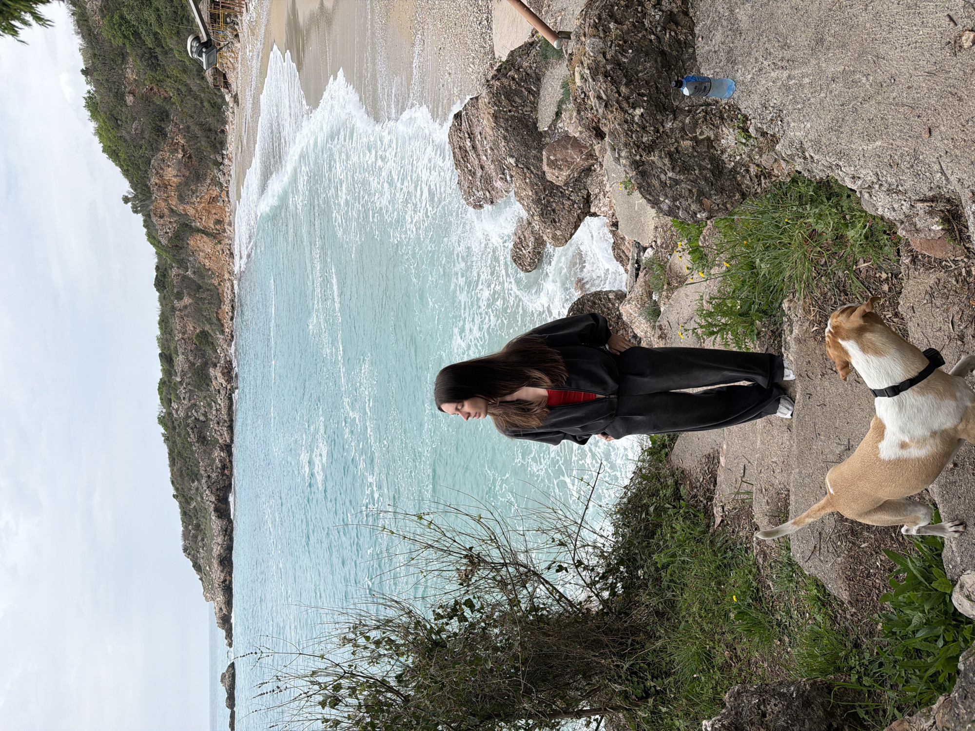 A beach scene in Drobnići, Montenegro is depicted. A young woman in dark clothing stands at the edge of a rocky cliff overlooking the turquoise water of a cove with waves crashing on a sandy beach. A dog with a tan and white coat and a black collar stands beside her. A clear water bottle lies on the rocky terrain near some greenery. The coastline features a cliff covered in vegetation, and the sky is overcast.