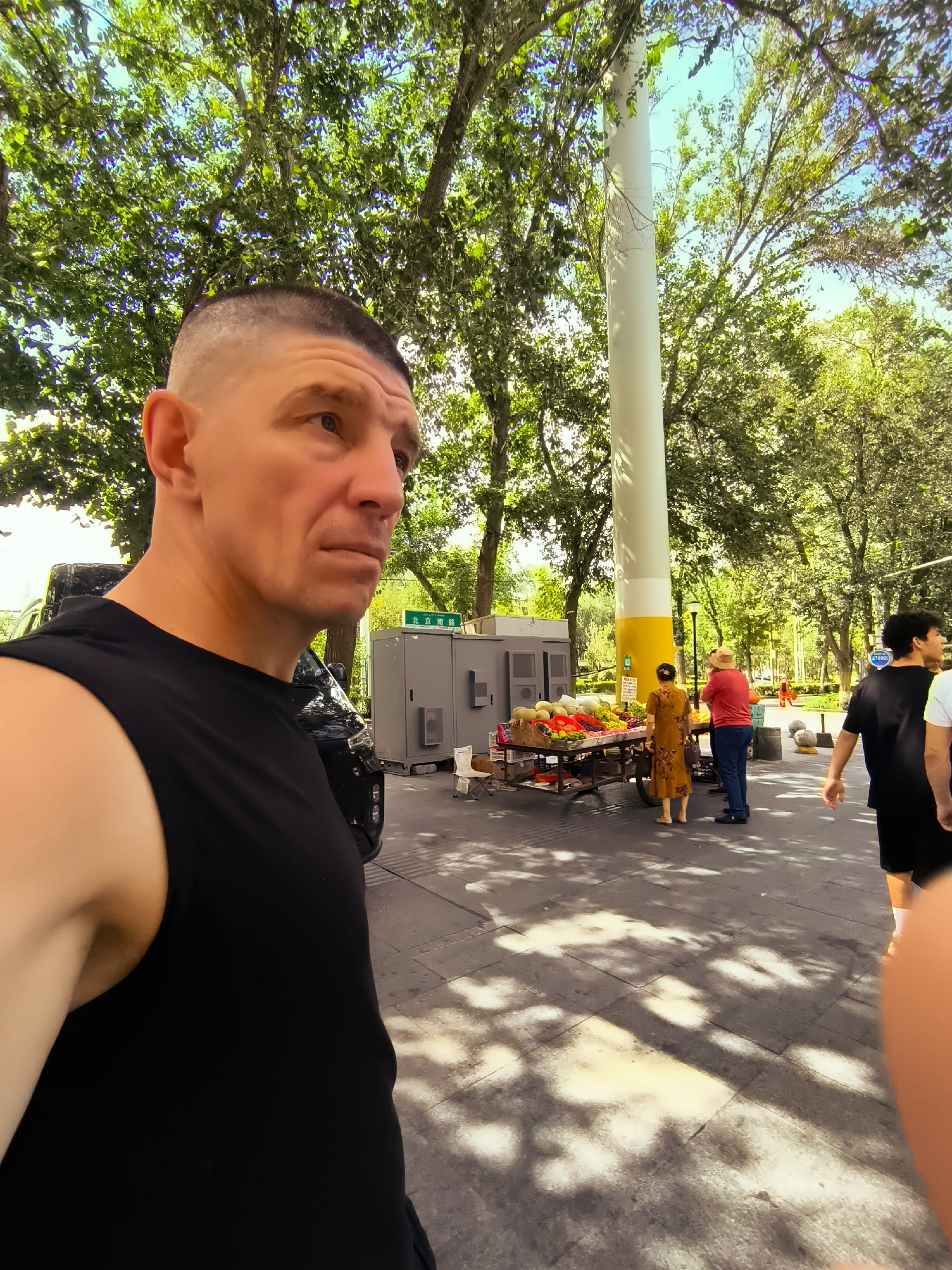 The image shows a man in the foreground, facing right with his head turned towards the camera, looking away. He has short, buzzed hair and is wearing a black sleeveless shirt. Behind him, to the left, is the side of a dark-colored SUV.
In the middle ground, there is a fruit stand displaying various fruits such as melons, apples, and what appear to be peaches or apricots. Three people are visible near the fruit stand: a woman in a long, patterned yellow dress, a man in a red shirt and blue pants, and another person partially obscured. There is also a grey utility box behind the fruit stand. A tall, white pole with a yellow base stands to the right of the utility box. The background consists of trees and a bright sky, indicating an outdoor setting. The ground is paved with stone tiles.
The presence of the utility box with Chinese characters and the general appearance suggest the location is likely in Ürümqi, China. The scene appears to be a street or park area with a market stall.