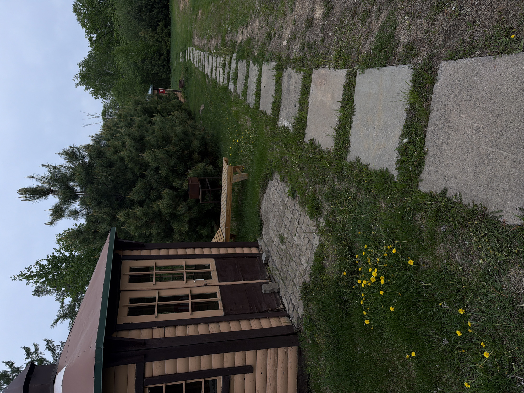 The image shows a rural scene with a small wooden cabin on the left. The cabin has a brown roof, beige log walls, and dark brown trim. There are windows with beige frames. A wooden bench sits to the right of the cabin, in front of a dense green bush. A stone path made of rectangular pavers leads away from the cabin through a grassy area. There are yellow flowers scattered in the grass. The sky is overcast. The location is potentially within the city of Birobidzhan, Russia. No people are visible.