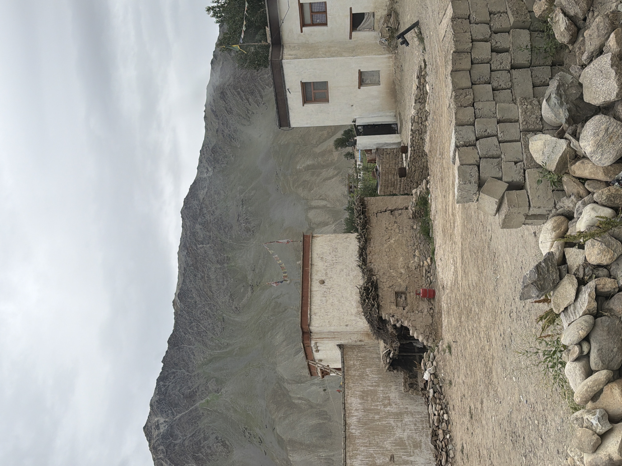 A view of the village of Padum, India shows a desolate, rocky landscape with stark, earthen buildings and a steep mountain range in the background. The sky is overcast and a few prayer flags flutter from a building. A stack of concrete blocks sits in the foreground.