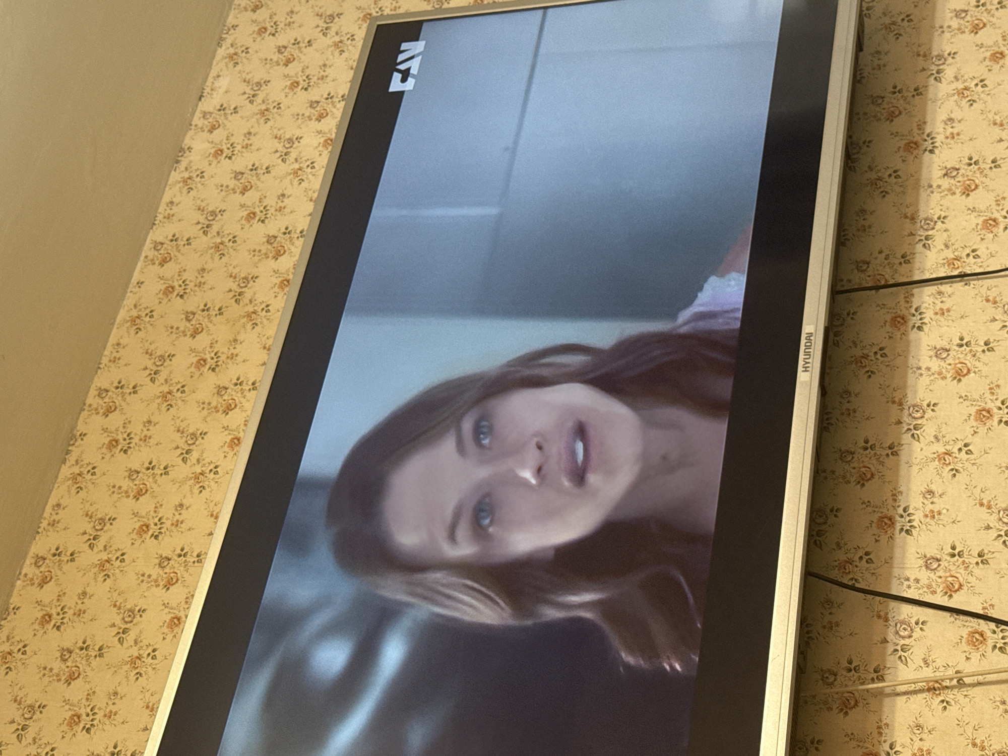 A television displaying a woman's face is mounted on a wall with floral wallpaper. The television brand is Hyundai, and the logo "TV" is visible in the upper left corner. The woman on screen has light hair and blue eyes. The background is blurry and shows a white or light-colored surface. The image is taken indoors, and electrical cords are visible running along the wall. The location is unknown.