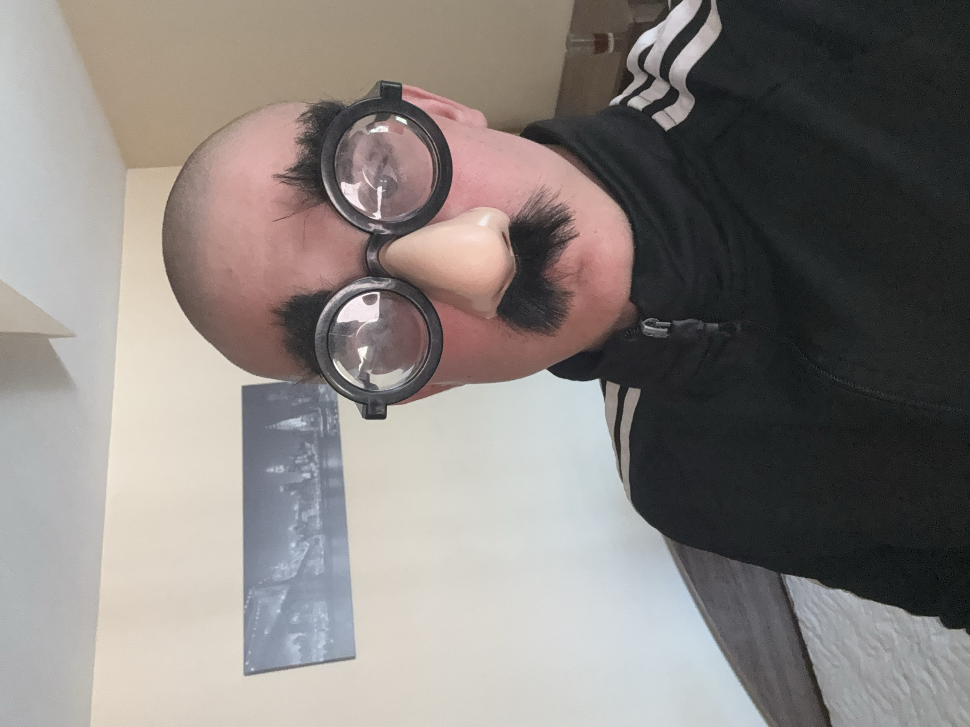 The image displays a close-up, rotated portrait of a person wearing a humorous novelty disguise. The subject, likely an adult, has a bald head and is seen from the shoulders up, tilted significantly to the left. They are adorned with a "Groucho Marx" style disguise, consisting of large, round, black-rimmed glasses, thick bushy black fake eyebrows, a prominent light-toned fake nose, and a voluminous bushy black fake mustache.
The person is wearing a black tracksuit jacket featuring distinctive white stripes along the sleeve and a visible zipper pull at the front.
The setting appears to be indoors against a plain, light-colored wall, possibly beige or off-white. A corner where the wall meets the ceiling, both light-colored, is visible. On the wall behind the subject, a rectangular picture or poster with a dark background and lighter, possibly abstract or cityscape, detailing is partially visible.
The activity is a playful pose for the camera, emphasizing the comedic effect of the disguise. The overall tone of the image is lighthearted and amusing. There are no visible textual elements within the frame. The time of day is not discernible, but the scene is indoors. The provided location context for this media file is Varna, Bulgaria.