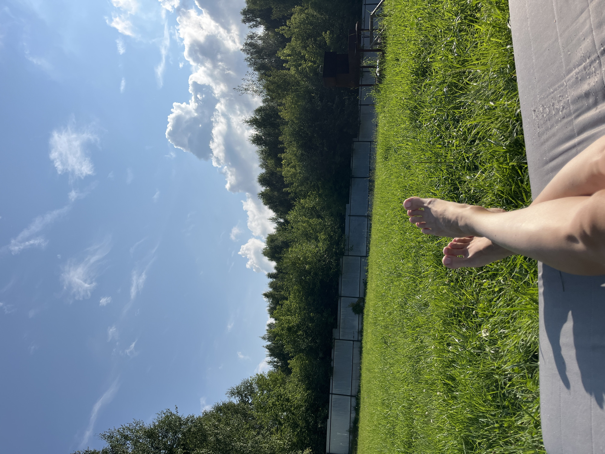 The image depicts a person's legs and feet resting on a gray surface in the foreground, with a lush green lawn stretching out into the background. A metal fence runs horizontally across the middle ground, separating the lawn from a dense line of green trees that form the distant treeline. The sky above is a clear blue, dotted with scattered white clouds. A barbecue grill and some chairs are visible in the far right of the scene. The location is identified as Нагорный, Russia.