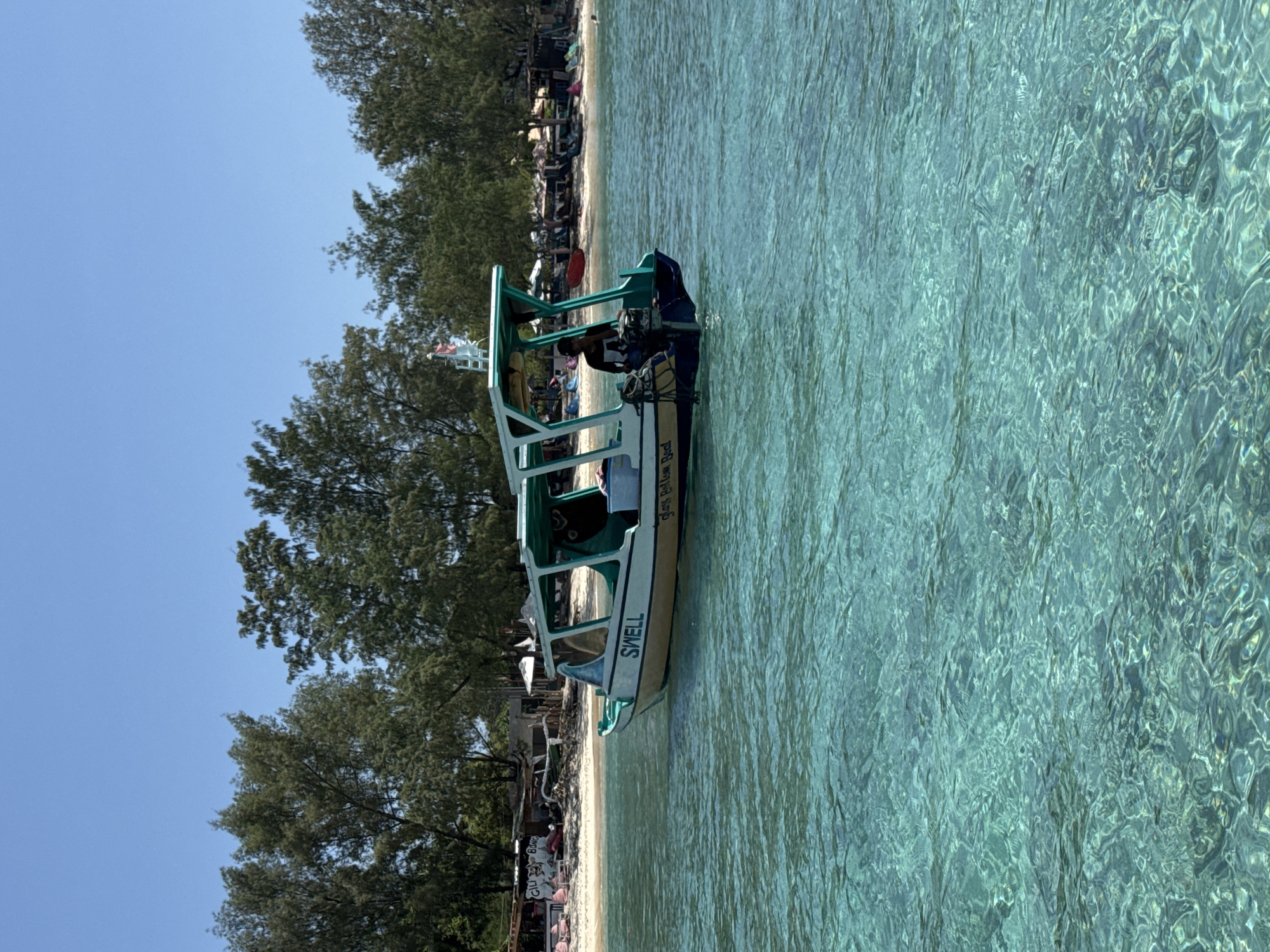 The image shows a partially shaded shoreline with a boat docked in the clear, turquoise water near Gili Trawangan, Indonesia. The boat, named "SWELL," is white with green trim and has several occupants. A person, possibly the driver, is seen at the rear of the boat. Beyond the boat and shoreline, there are trees and people on the beach. The sky is a clear blue.