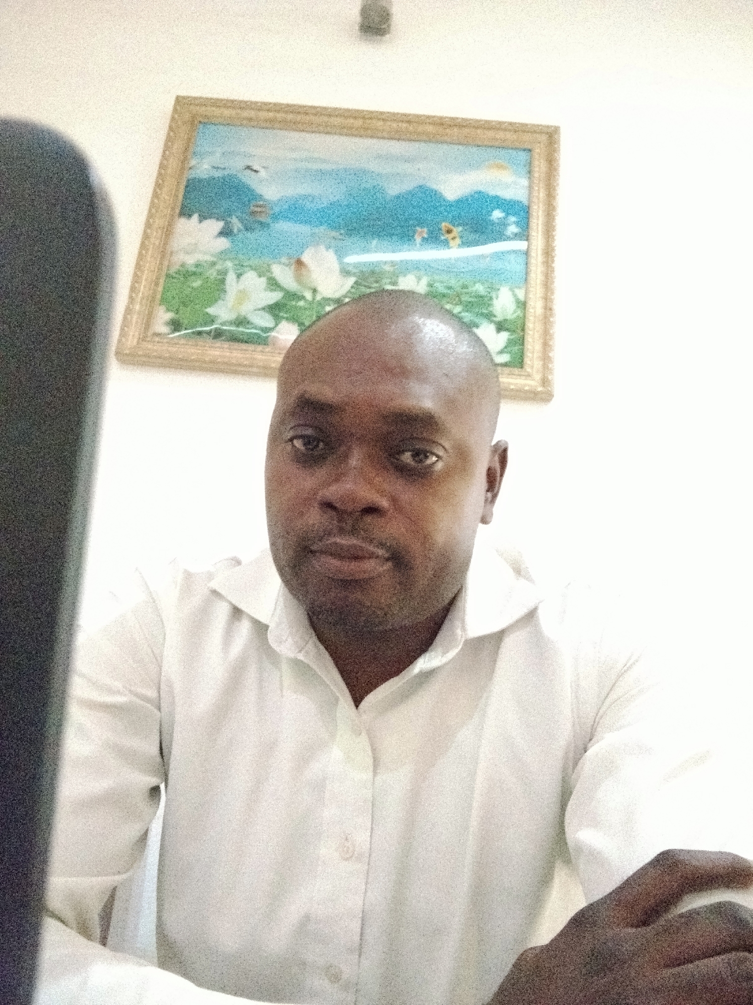 An eye-level portrait captures a man, likely of African descent, looking directly at the camera with a neutral expression. He has a bald head and wears a white, collared, long-sleeved shirt, with his forearms and hands visible, one hand resting on the other.
The setting is indoors, characterized by bright white walls. Behind the man, slightly to his right, hangs a framed painting. This artwork depicts a tranquil landscape featuring a light blue body of water or sky, distant mountains or hills, and a foreground of green foliage with prominent white water lilies. Small, indistinct figures are also visible within the painting. The frame itself is golden and appears ornate.
On the far left side of the image, a dark, vertical object, possibly a monitor or a piece of furniture, partially obscures the man's left side and a portion of the background. The bright lighting suggests it is daytime. This scene is set in Gwarinpa, Nigeria. There is no visible text in the image.