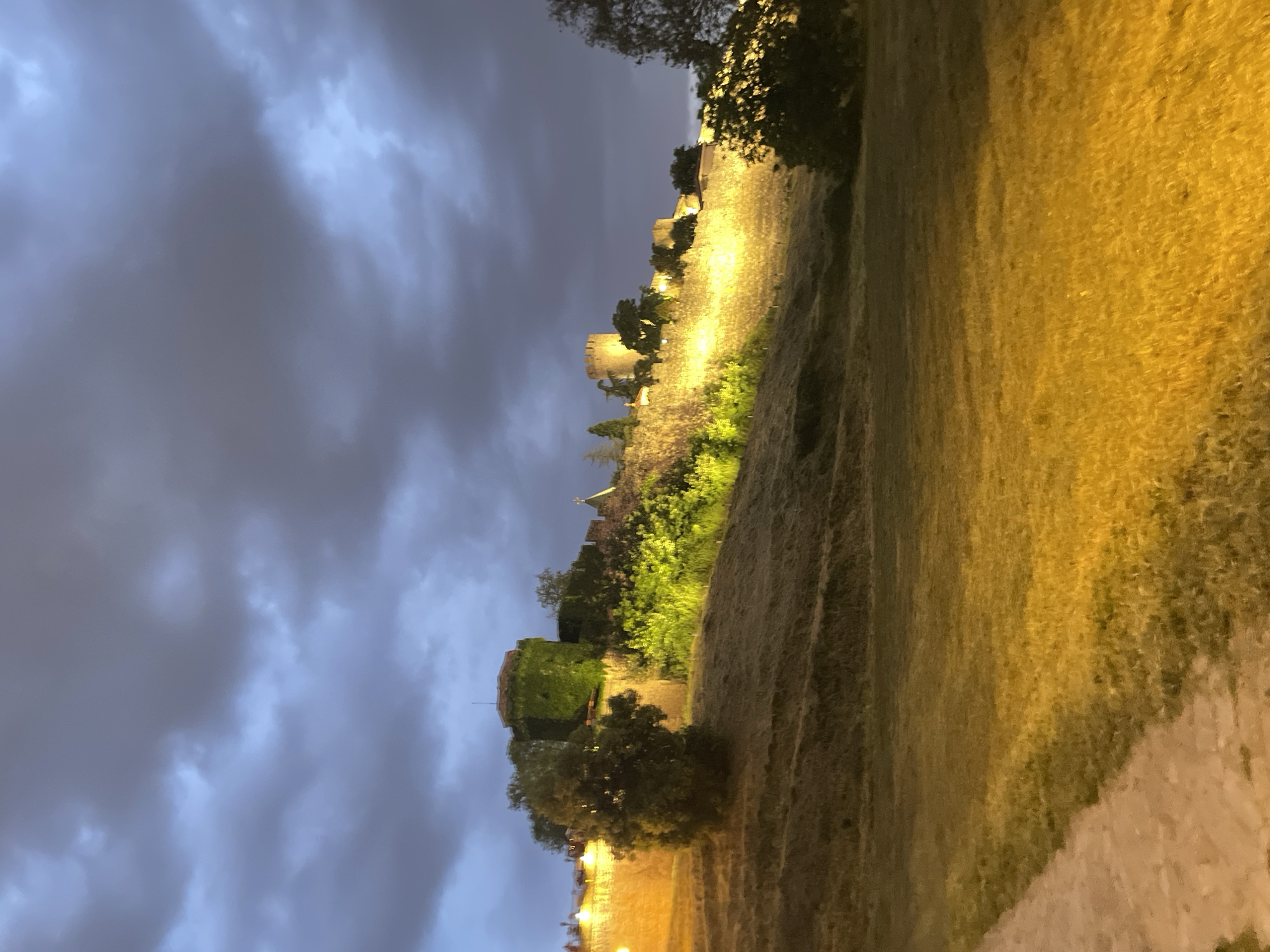 The image depicts a nighttime view of Belgrade Fortress in Belgrade, Serbia. The scene is dominated by the fortress walls, illuminated by yellow lights, stretching across the frame. The walls are made of stone and show signs of aging, with some vegetation growing along them. A grassy slope leads up to the fortress. The sky above is cloudy with dark blue and grey hues. The overall atmosphere is dimly lit with the fortress acting as the primary light source. There are no people visible in the shot.