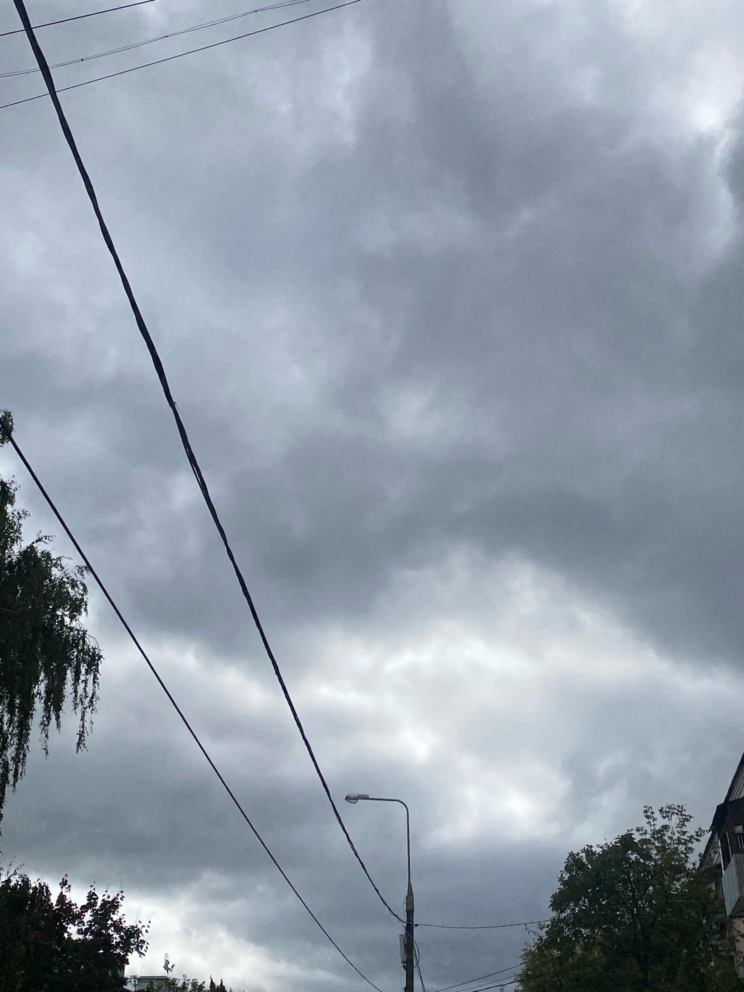 This is a photograph taken from a low angle, looking up at an overcast sky. The sky is filled with heavy, grey clouds, suggesting inclement weather. Several dark electrical wires are visible, crisscrossing the frame diagonally. On the left side of the image, the branches of a leafy tree, possibly birch, with drooping tendrils, are visible. Further down and to the right, a street lamp with a curved arm and an unlit lamp head is positioned. To the far right, a portion of a building with dark rooflines and windows is visible, partially obscured by foliage. The overall impression is one of a cloudy day in an urban environment, potentially in Ivanteyevka, Russia, given the context. There are no people or animals visible in the scene.