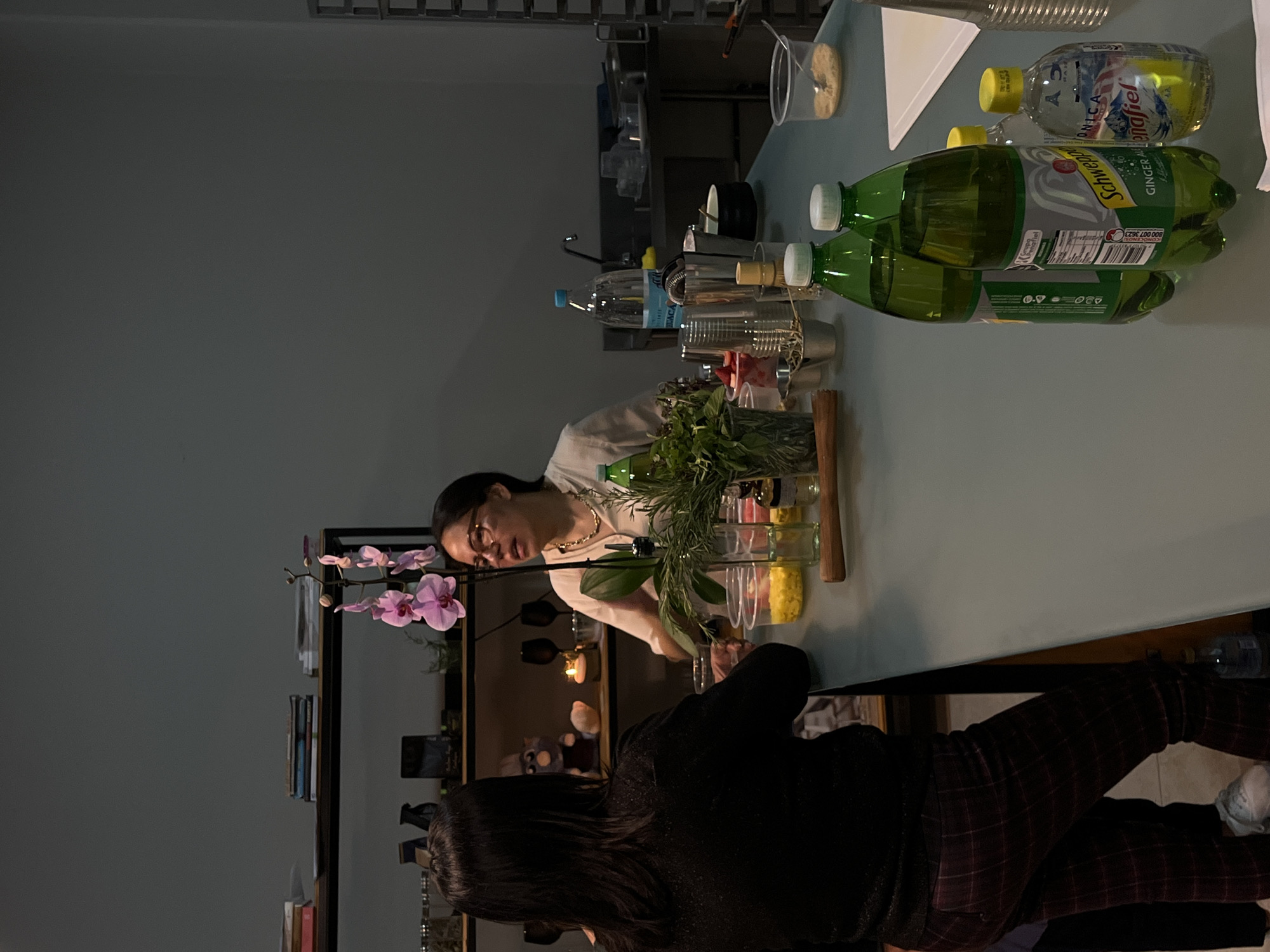 Two women stand at a table. One woman has dark hair and wears a black top with maroon and dark red plaid pants. The other woman wears glasses and a light-colored shirt. The table is covered with objects including green bottles of Schweppes Ginger Ale, a water bottle, and several containers of ingredients. A vase filled with foliage sits on the table. Behind the table, there is a shelf with books and a blooming orchid. Candles and a stuffed animal are displayed on the shelf. The location appears to be indoors, likely in a home. The location in the city of San Bernardino Tlaxcalancingo, Mexico cannot be confirmed from the image.