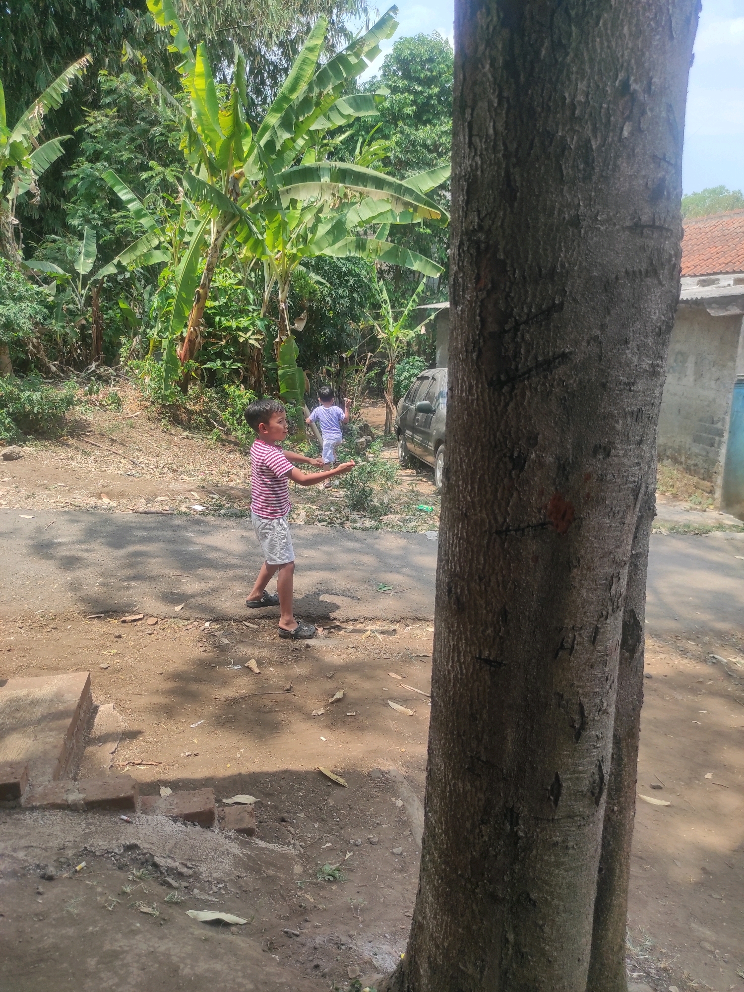 In Padalarang, Indonesia, a boy with short, dark hair and wearing a striped pink and white t-shirt and light-colored shorts stands on a dirt road, facing towards the left of the frame. He is holding his hands out in front of him. In the background, another child, also with dark hair and wearing a light purple t-shirt and dark shorts, walks away from the camera. Behind them is a road with a light-colored car parked on the side, and a building with a tiled roof. The scene is surrounded by lush green vegetation, including banana trees. A large tree trunk with rough bark is prominently positioned in the foreground, obscuring part of the view. The ground is composed of dirt and scattered leaves.