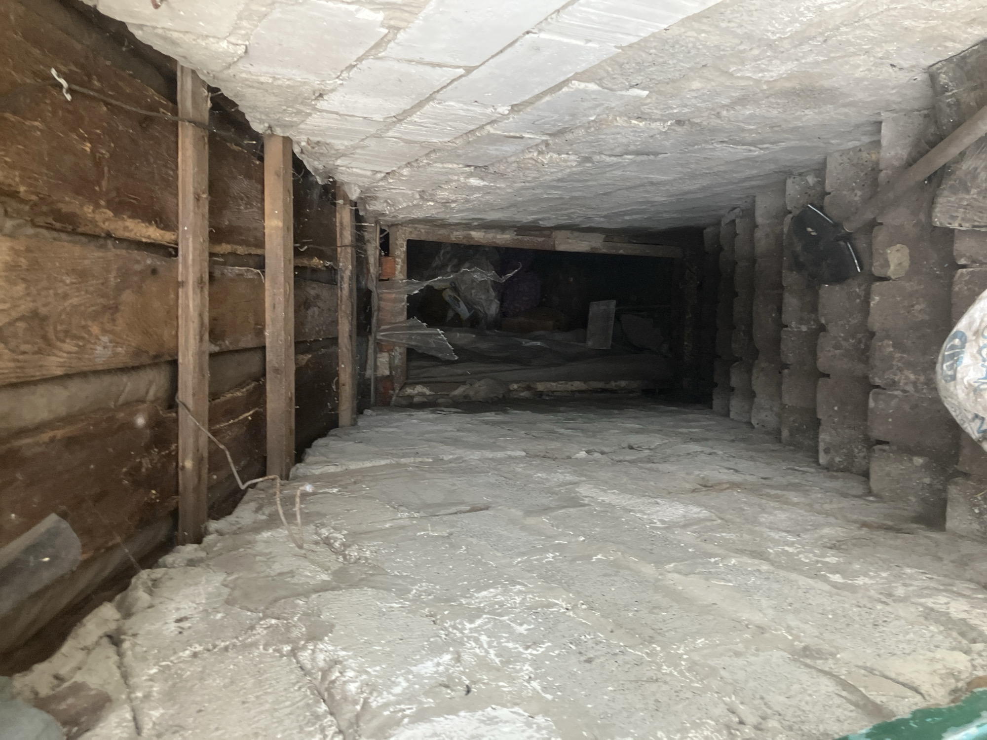 The image depicts a dark, dilapidated basement entryway in Vovkivka, Ukraine. The walls are constructed of rough, white-painted brickwork, showing signs of age and disrepair. A wooden ceiling, composed of rough-hewn planks supported by beams, is visible above. Descending into the basement, a set of stone steps are present, also appearing worn and uneven. At the bottom of the stairs, an opening leads further into the darkness, partially obscured by torn plastic sheeting. The overall impression is one of neglect and disuse. A shovel rests on the steps.