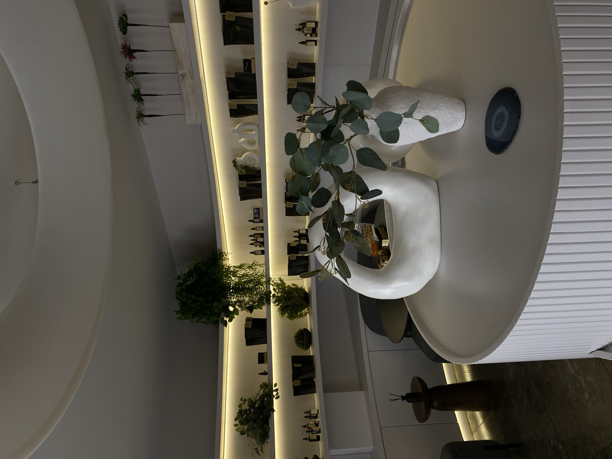 The image shows an indoor scene, seemingly in a modern or upscale establishment, possibly a store or spa. The foreground is dominated by a white, decorative table arrangement featuring abstract, sculptural vases with greenery, possibly eucalyptus branches. A round, white table supports this arrangement, and on the table's surface is a decorative stone or object with a blue hue.
The background consists of a shelving unit or display case with embedded lighting, lined with various products, possibly perfumes, lotions, or similar items. The shelves are interspersed with potted plants, contributing to the overall aesthetic of the space. The architecture features curved lines and smooth surfaces, indicative of modern design.
Based on the environment, it appears to be a carefully curated retail or relaxation space that may exist in the city of Votkinsk, Russia. Without further information, it is difficult to ascertain the exact purpose of the establishment.