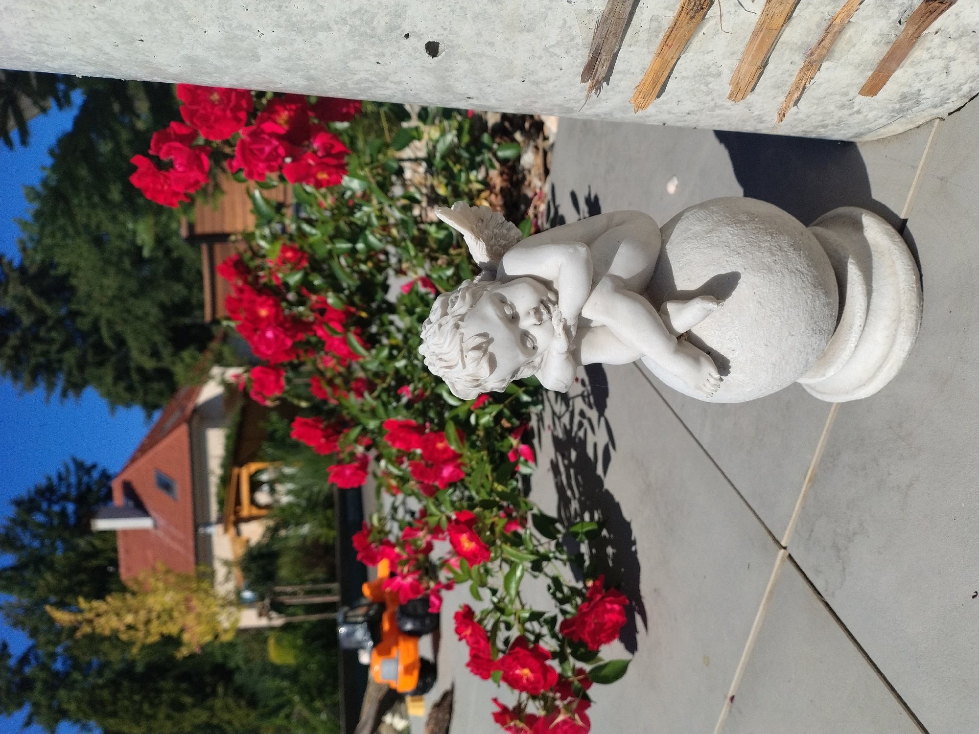 The image depicts a cherub statue resting on a spherical base. The statue is white and detailed, with small wings. It is positioned on a paved outdoor surface, possibly a patio, with visible grout lines. Behind the statue, a cluster of vibrant red roses in bloom is a prominent feature. Further in the background, a blurred view of a residential building with a red-tiled roof and a chimney is visible, surrounded by lush green trees. To the left of the roses, an out-of-focus orange toy tractor can be seen. The scene is bathed in bright sunlight, casting shadows on the ground. The concrete pillar on the right side of the frame, with several pieces of wood attached to it, adds to the textured foreground. This scene is likely situated in Písek, Czechia, given the context of the request.
