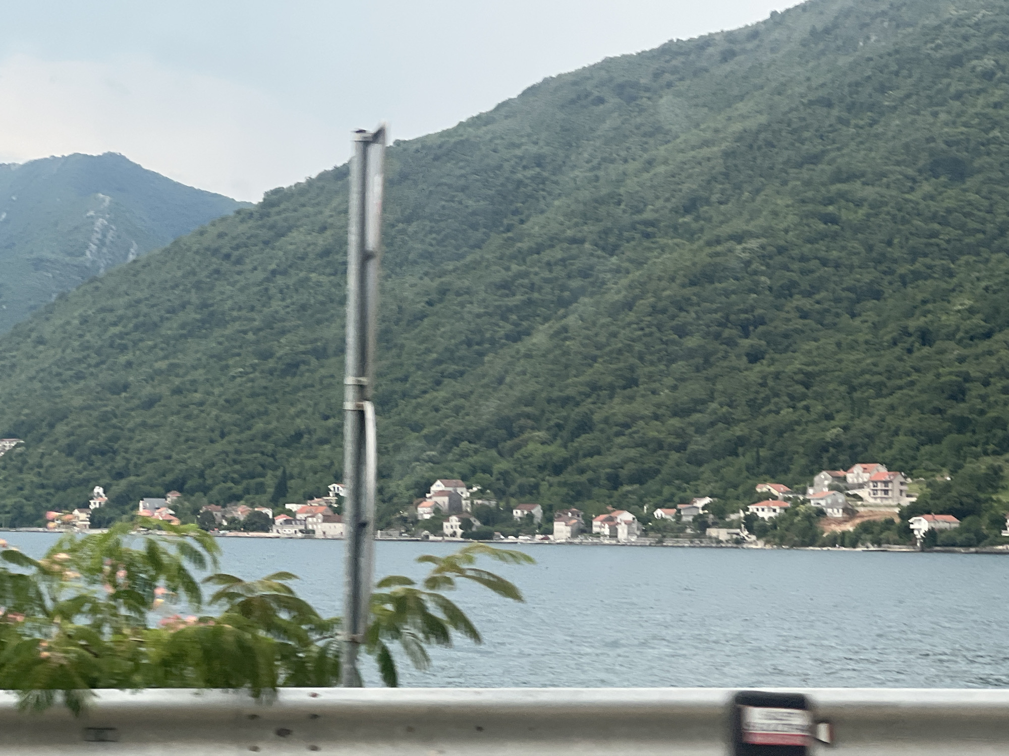 The image shows a coastal scene with a body of water in the foreground and a densely forested mountain rising behind it. A line of buildings, characteristic of a Mediterranean village, is nestled along the coastline at the base of the mountain. These structures feature red-tiled roofs and white or light-colored walls. In the immediate foreground, a metal pole with a square cross-section stands vertically, slightly out of focus, and partially obscures the view. Some green foliage, with small pink flowers, is visible in the lower left corner, also out of focus. The sky is overcast with a pale, diffused light. The overall impression is one of a quiet, scenic, and somewhat remote coastal settlement. This scene is consistent with the location of Lipci, Montenegro, a village situated along the Bay of Kotor, characterized by its mountainous backdrop and proximity to the water.