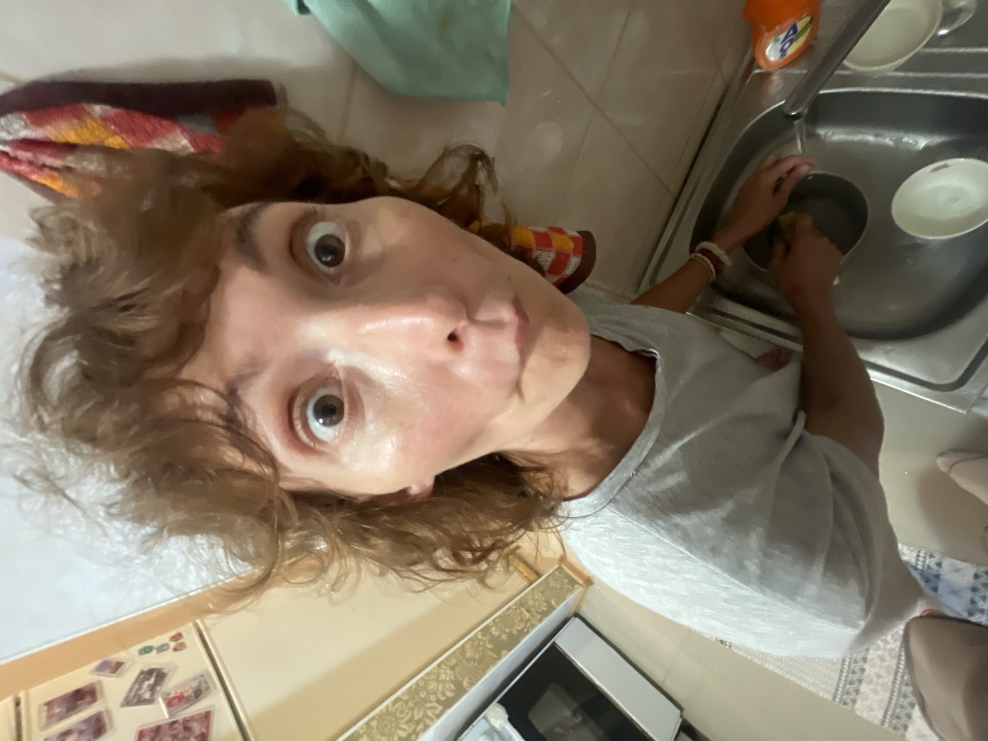 A fisheye lens shot captures a woman with messy brown hair and wide eyes in a kitchen. She is wearing a light gray t-shirt and has a surprised expression. Her face is illuminated by bright light, casting shadows that accentuate her cheekbones. She is standing at a sink with a sponge in her right hand, appearing to be washing dishes. A bottle of dish soap is visible in the sink. In the background, a refrigerator with photos on it and a stove can be seen. The kitchen appears to be a domestic setting.