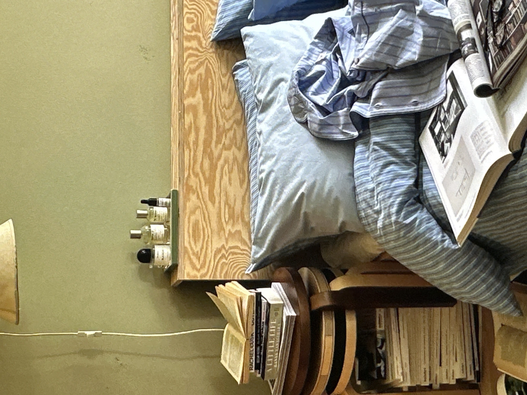 The image shows a section of a room featuring a bed, books, and personal care items. The color palette is dominated by muted greens, blues, and browns.
The bed is the central focus, covered with blue bedding including a pillow and what appears to be a striped shirt or blanket. A stack of books and a magazine rest on the bed, with one book opened to a page.
Adjacent to the bed is a wooden headboard and a small shelf constructed from what appears to be recycled circular wooden objects. Books are stacked on this shelf.
On the wall, next to the headboard, is a small display of personal care items, possibly perfume or essential oil bottles.
A visible electrical cord runs along the lower part of the wall.
There is no indication of the location being in Yerevan, Armenia, or the presence of any people.