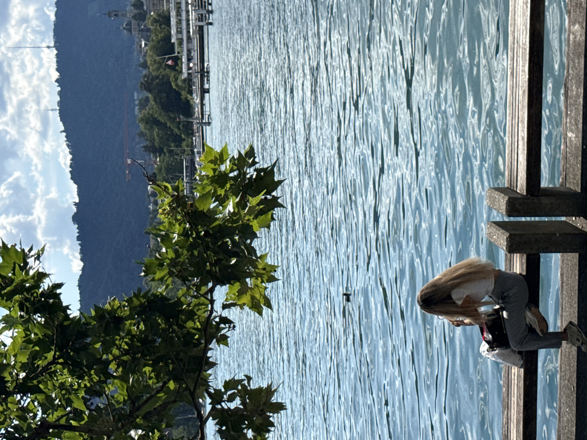 A woman with long blonde hair sits on a wooden bench on the shore of a large body of water, likely Lake Zurich, in Switzerland. She is wearing a white t-shirt and grey pants, and has a black bag and a white package beside her on the bench. Her hair is falling forward, partially obscuring her face as she appears to be looking down. The water is a bright blue with visible ripples and a small dark object, possibly a duck, is visible in the distance. In the background, there is a line of trees and hills leading up to a city skyline with buildings and a prominent radio tower. The sky is partly cloudy with sunlight. A branch from a large leafy tree hangs into the foreground from the top left of the frame. The bench is constructed of weathered wood with concrete supports.