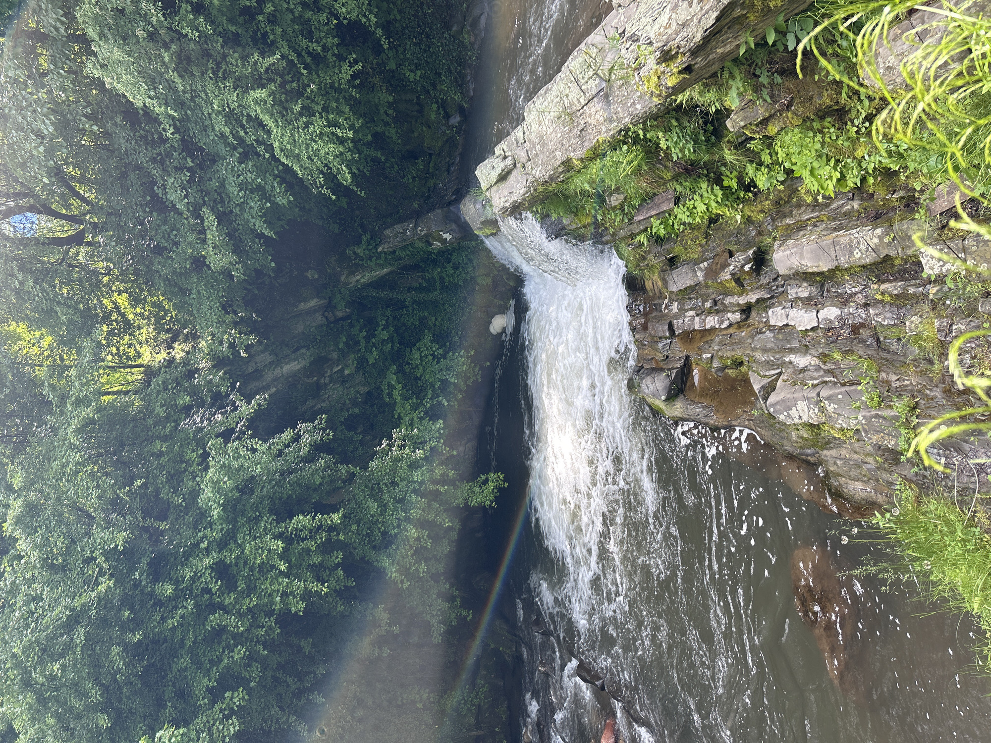 A waterfall in Unknown, Unknown cascades over a rocky cliff into a pool below. Lush green trees cover the adjacent land. A partial rainbow is visible near the base of the waterfall. The water is turbulent and frothy as it falls. Rocks are visible in the pool at the bottom. Vegetation grows on and around the rocks near the waterfall.