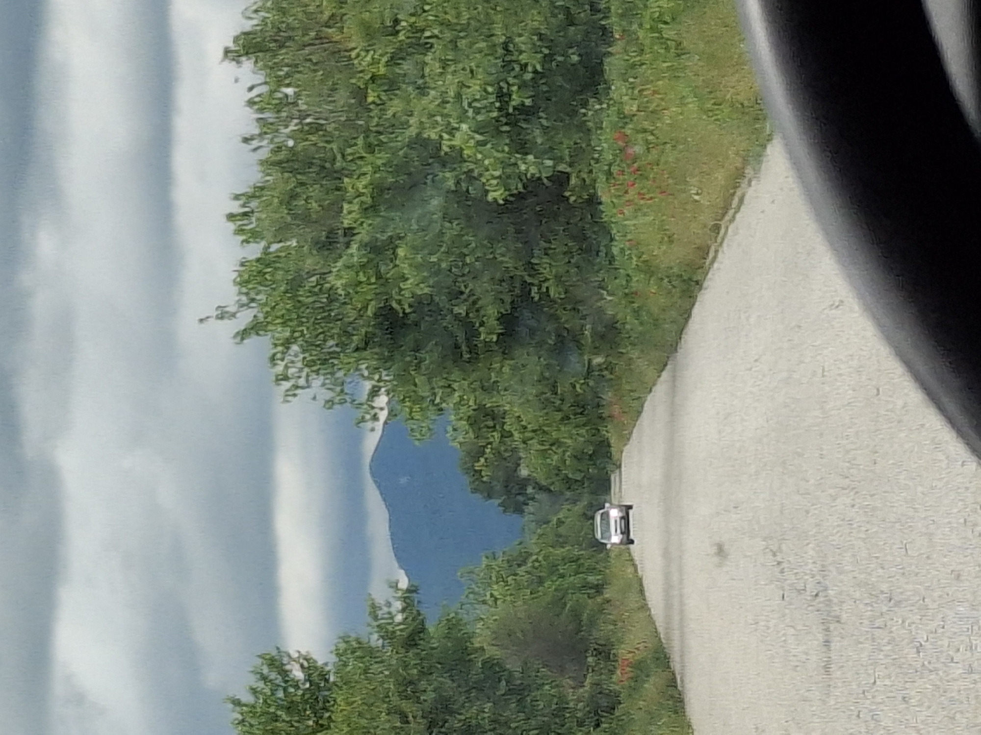 The image shows a road leading toward a mountain, likely taken from a vehicle. Trees and vegetation line both sides of the road. A car is visible driving ahead. The location is likely near Dalbok Izvor, Bulgaria, given the mountainous landscape. The sky is cloudy. A portion of the vehicle from which the picture was taken is visible in the right side.