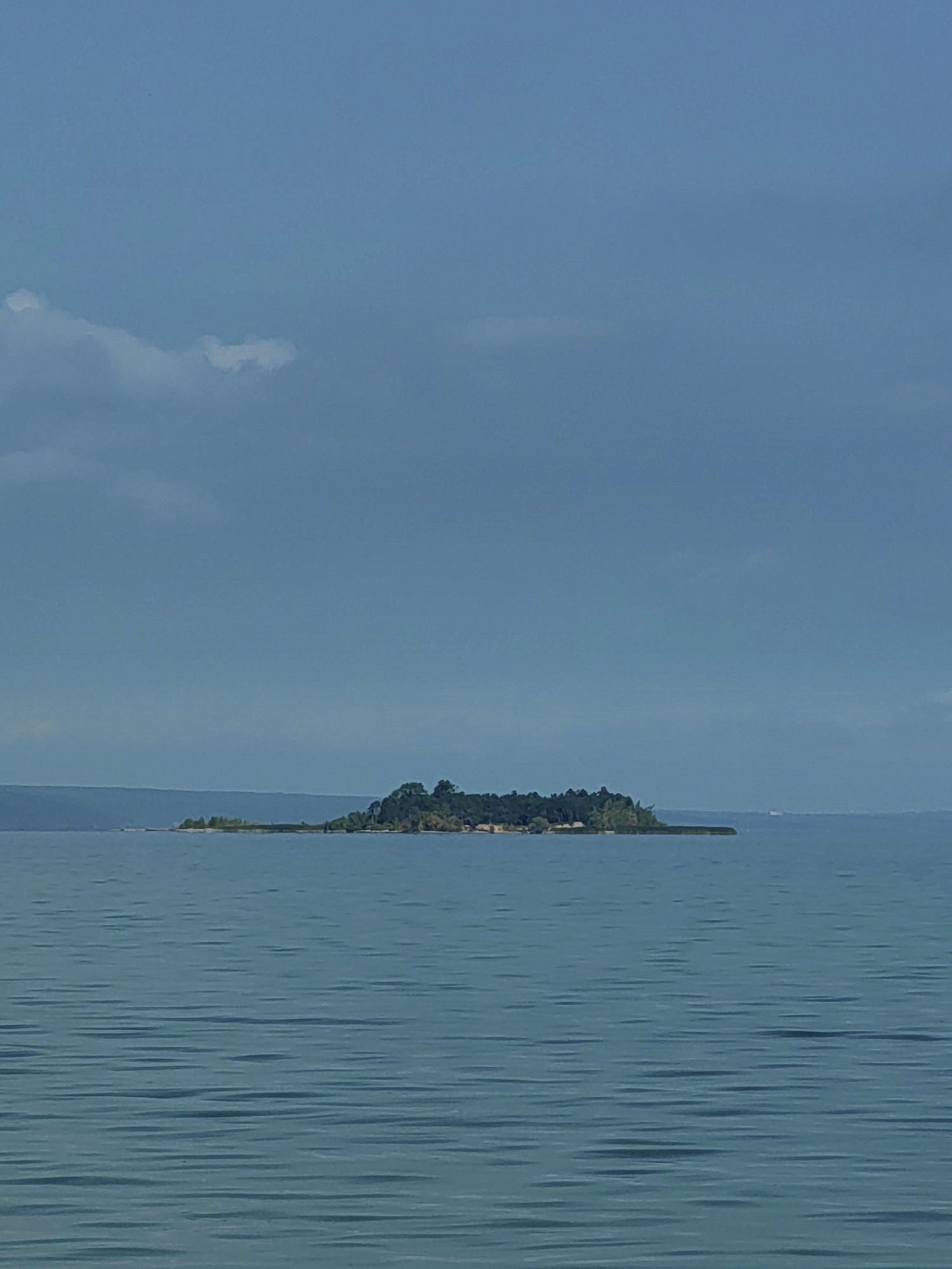 The image depicts a serene body of water with a distant, tree-covered island. The sky is a muted blue with scattered clouds. The water's surface is rippled, suggesting a gentle breeze. On the island, there appear to be a few small structures, hinting at human habitation or a small settlement. The overall impression is one of natural tranquility. This scene is likely located on the Volga River in Ulyanovsk, Russia, given the characteristic wide expanse of water and the presence of islands.
