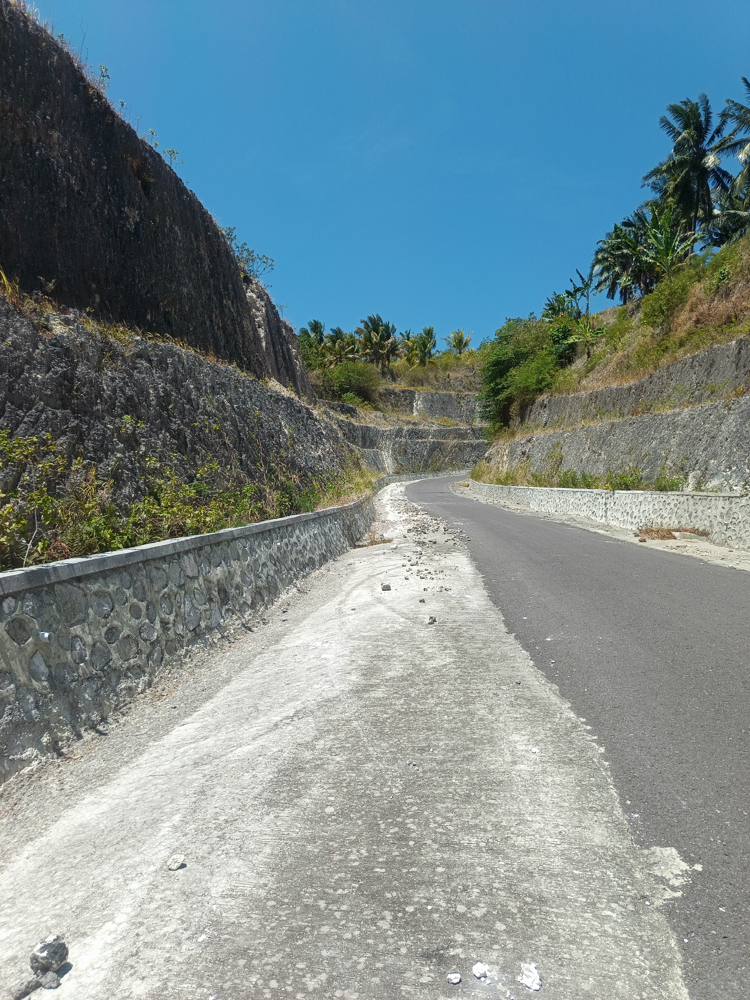 The image captures a winding asphalt road cutting through a rugged landscape. On the left, a steep, rocky cliff face rises, partially covered in sparse vegetation. A stone retaining wall runs along the base of the cliff. On the right, the landscape slopes upwards, also featuring stone walls and dense green foliage, including palm trees. The road itself is paved and appears to be a two-lane road. The scene is set under a clear, bright blue sky, suggesting a sunny day. The road appears to be in a rural or semi-rural area, possibly in a coastal region given the presence of palm trees. The location is identified as Gorontalo, Indonesia. There are no people or animals visible in the image. The overall impression is one of a scenic, possibly isolated, road construction or natural formation.