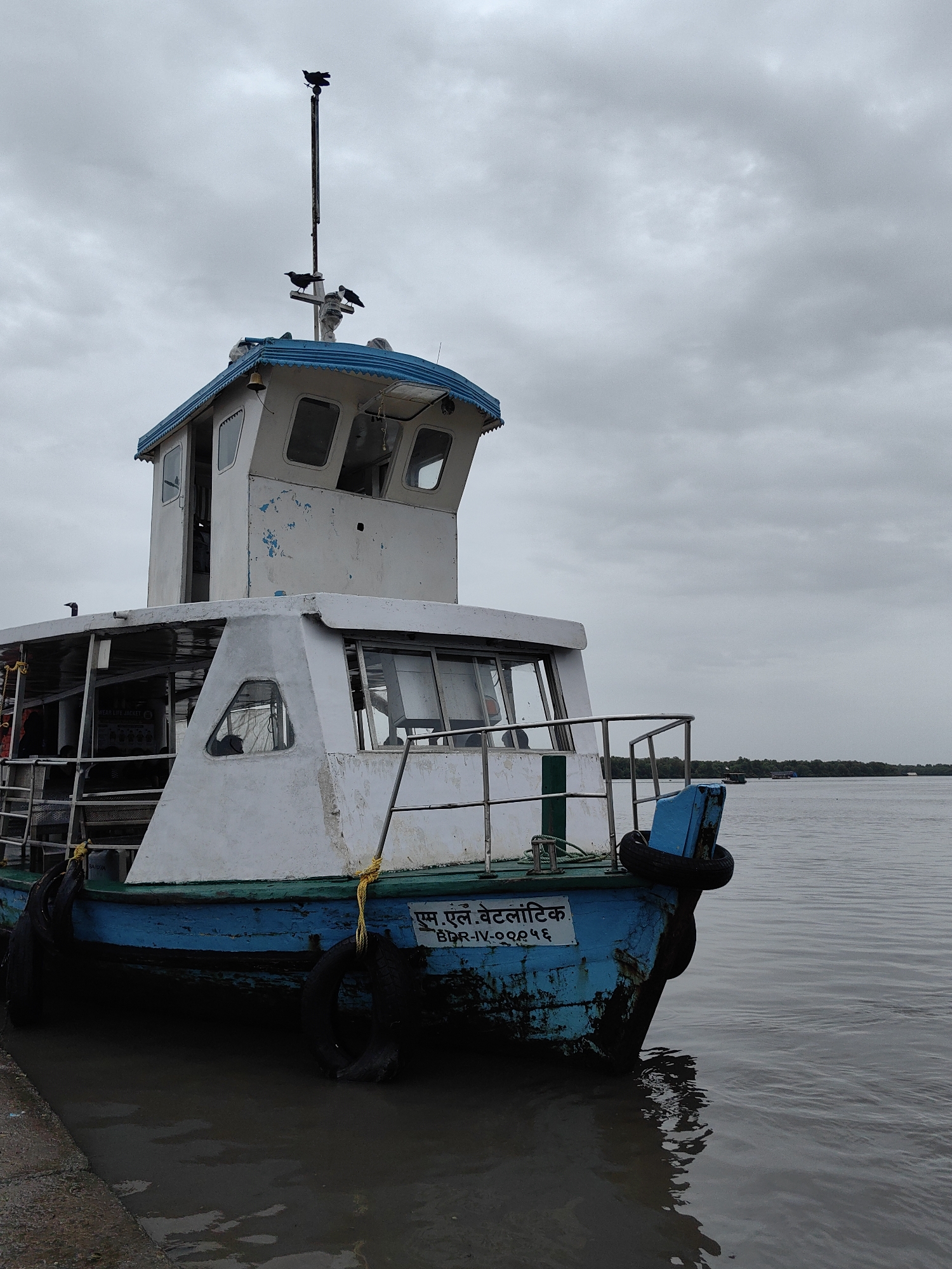 The image shows a weathered, blue and white ferry boat docked at a pier under a cloudy sky. The boat has a multi-level cabin with windows. Two black tires are attached to the hull as fenders. Text in an Indian script is visible on the side of the boat. Three birds are perched on the mast of the boat. The water surrounding the boat is murky and calm. In the background, a dense line of trees is visible along the horizon, suggesting a coastal or riverine environment. This scene is consistent with a location in Mumbai, India, likely a ferry terminal or a river bank within the city's extensive coastline.