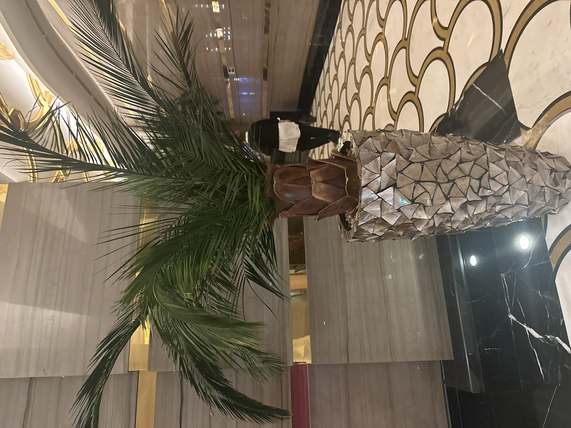 A potted palm tree with vibrant green fronds stands prominently in the foreground, its base encased in a decorative, mosaic-like planter. The planter is a tall, conical vessel adorned with numerous small, irregularly shaped pieces of what appears to be shell or a similar material, reflecting light and creating a textured, shimmering effect. The palm's trunk is visible above the planter, exhibiting a brown, segmented texture.
The background reveals an interior space with a luxurious aesthetic. To the left, a wall features a pattern of horizontal bands, some in a neutral stone tone with subtle veining, and others in a polished gold or brass finish, separated by dark, thin lines. A hint of deep red is visible on the far left edge, possibly part of a decorative element.
The floor is a striking mosaic of polished stone tiles. A central pattern of interlocking circles, outlined in gold and filled with white and beige tones, dominates the visible floor area. This pattern is bordered by dark, possibly black marble tiles with white veining, particularly noticeable in the lower left quadrant of the image.
In the mid-ground, a person is walking away from the camera, dressed in a black jacket, a white shirt or blouse that extends below the jacket, and dark trousers. They appear to be navigating the hallway.
Further down the hallway, the walls continue the theme of horizontal bands, with polished gold accents. The ceiling above, partially visible, is ornate, featuring white curved surfaces with intricate gold detailing, suggesting a high-end establishment. The overall impression is one of an upscale hotel lobby or a similar sophisticated indoor venue. The location is specified as Estosadok, Russia.
