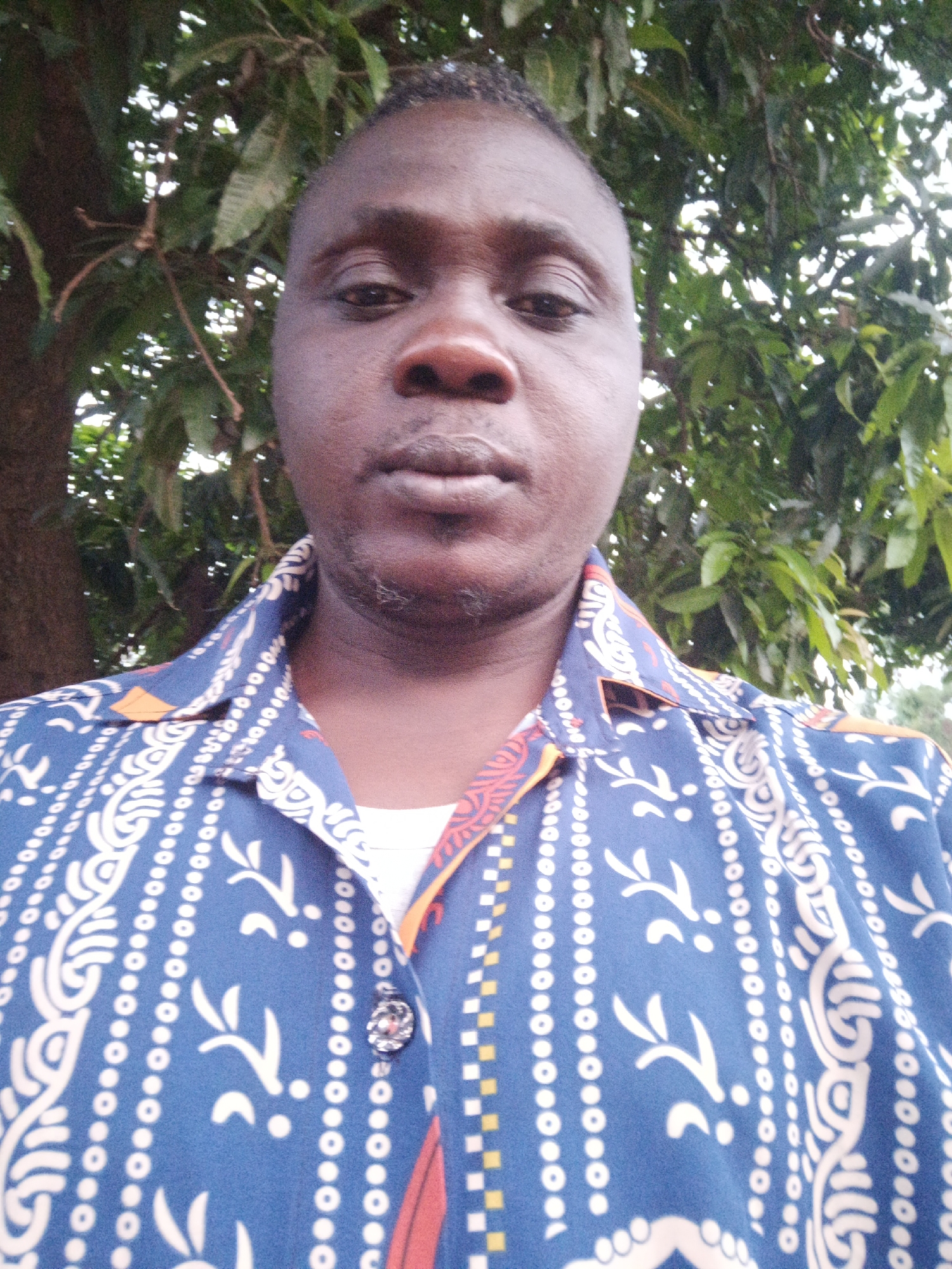 A medium shot depicts a Black man standing outside in Akwanga, Nigeria. He wears a blue patterned shirt with a white undershirt visible at the collar. The button on his shirt is ornate, with a silver-tone and multiple small clear stones. The man has dark skin, short hair, and a short beard. Behind him is a tree trunk and leafy green foliage.