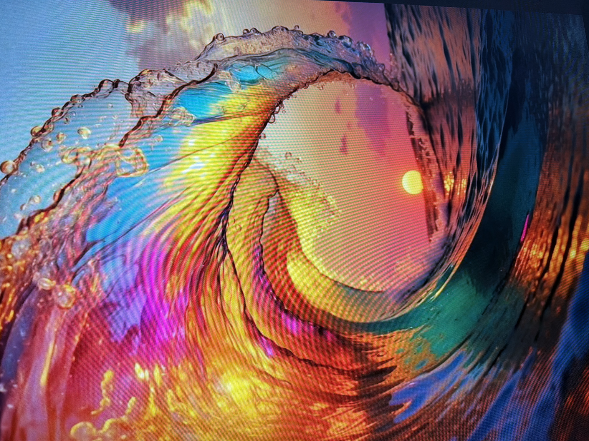 The image shows a close-up of a crashing wave at sunset. The wave is translucent, allowing the vibrant colors of the sunset to shine through it, creating a spectrum of oranges, yellows, pinks, purples, and blues. Water droplets are visible on the crest of the wave. In the background, the sun is setting over the ocean, casting a warm glow on the water and the sky, which is dotted with clouds. The bottom of the image shows the darker, deeper water. There are no people or structures visible in the image. The image does not depict Naberezhnye Chelny, Russia.