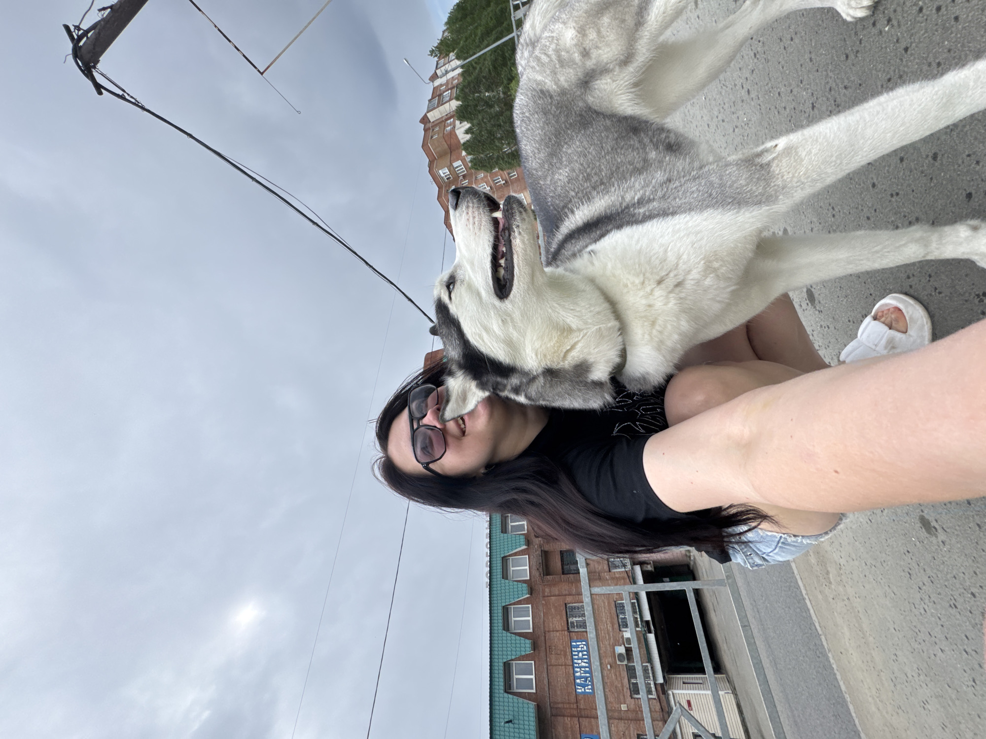 A woman wearing glasses and a black shirt is shown interacting with a husky dog in an urban environment. The dog is standing next to the woman and appears to be close to her face. The background includes a building with a sign in a language other than English, power lines, and an overcast sky. The photo appears to have been taken from a low angle. The exact city is not discernible from the image.