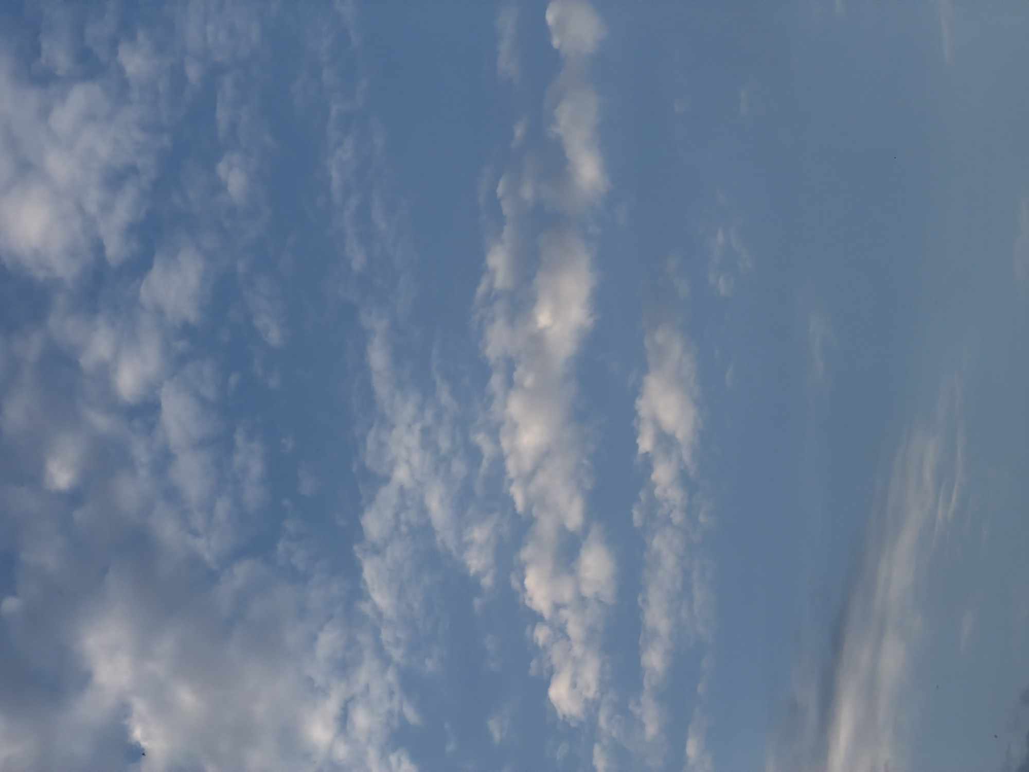 The image depicts a clear blue sky with scattered, wispy white clouds. The clouds vary in density and form, with some appearing as thin streaks and others as more defined puffs. The overall scene is serene and atmospheric, conveying a sense of open space and natural beauty. The image was taken in an unknown location in an unknown city.