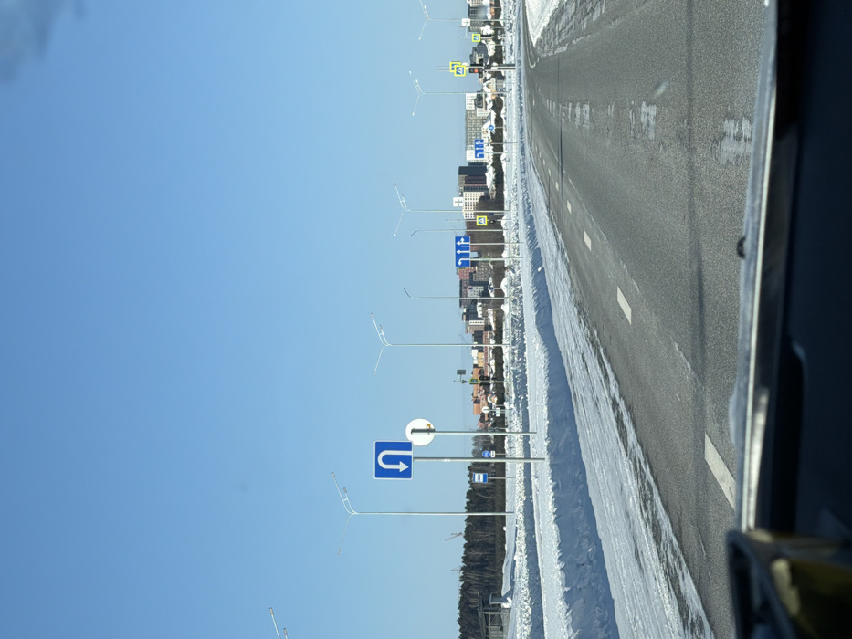 The image depicts a wide, multi-lane asphalt road under a clear, bright blue sky, indicative of winter or early spring conditions in Tyumen, Russia. The perspective is from inside a vehicle, with the dark dashboard visible at the bottom of the frame.
The location is identified as an arterial road leading into the Zarechny microdistricts (likely Zarechnyy-1 or Zarechnyy-2) in Tyumen, Russia, characterized by modern residential buildings in the background.
The road surface, predominantly grey asphalt, shows patches of melted snow, ice, and wetness, particularly in the right lane, suggesting thawing conditions. White dashed lane markings are visible, delineating multiple lanes of travel. Substantial banks of compacted snow line both sides of the road and a potential median strip.
On the left side of the road, beyond the snow, a dense coniferous forest is visible. Along the road, numerous tall, grey street light poles with multiple fixtures extend into the distance. A prominent blue square road sign with a white U-turn arrow pointing downwards is visible mid-left, accompanied by a smaller white circular sign. Further down the left, another blue square sign with a white bus icon indicates a bus stop.
On the right side of the road, a cluster of traffic signs includes a blue square sign with white arrows indicating straight, left, and straight-right lane directions, along with yellow diamond-shaped signs featuring black pedestrian icons (pedestrian crossing warnings). Traffic light poles with standard red, yellow, and green signals are also present on the right.
In the mid-ground and background, a cityscape composed of modern, multi-story residential apartment buildings is visible. These buildings display varying architectural styles and colors, predominantly shades of grey, beige, and brown, with some lower structures featuring red or orange rooftops.
No people or active vehicles, other than the implied camera vehicle, are present in the scene. The environment is urban/suburban, under a cloudless sky, with significant snow cover on undeveloped areas and road shoulders.