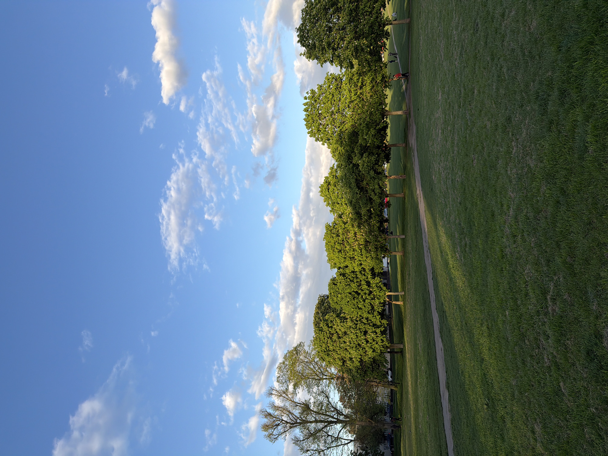 The image shows a park in London, United Kingdom. A row of trees separates a large grassy area from a blue sky with scattered clouds. People and cars are faintly visible among the trees. A dirt path runs alongside the line of trees. The grass appears to be well-maintained.