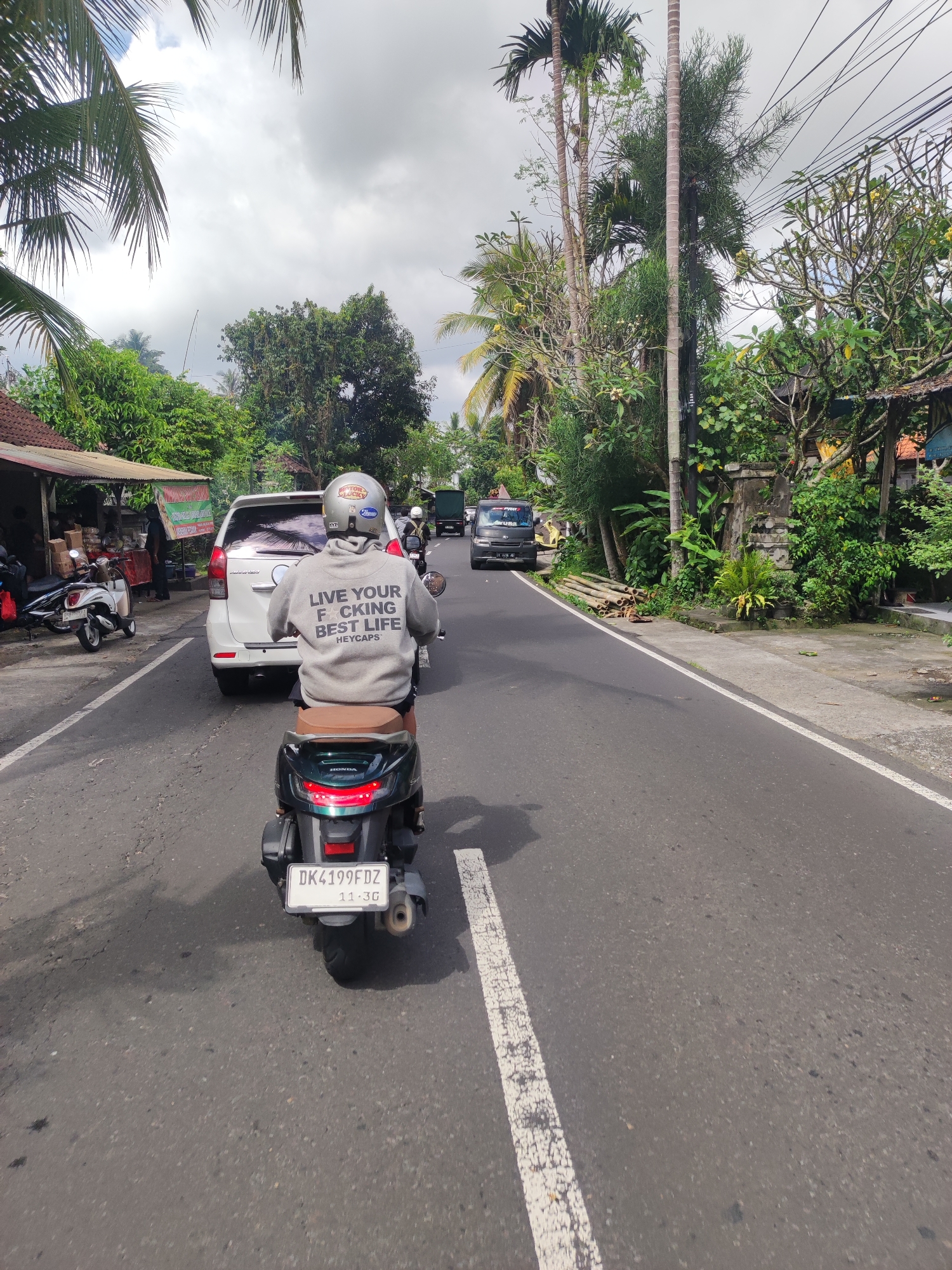 A motorcyclist is captured from behind, riding on a road in the Ubud District of Indonesia. The rider wears a gray sweatshirt with the phrase "LIVE YOUR F**KING BEST LIFE HEYCAPS," and a helmet. The license plate reads "DK4199FDZ." Ahead of the motorcyclist is a white minivan and further ahead, another vehicle. The road is asphalt with a white lane divider. The environment is lush with tropical trees and foliage; a roadside store with a thatched roof and scooters parked outside is on the left. Overhead, the sky is overcast. The presence of utility poles and wires suggest a semi-urban setting. A pile of wooden logs are stacked up on the side of the road.