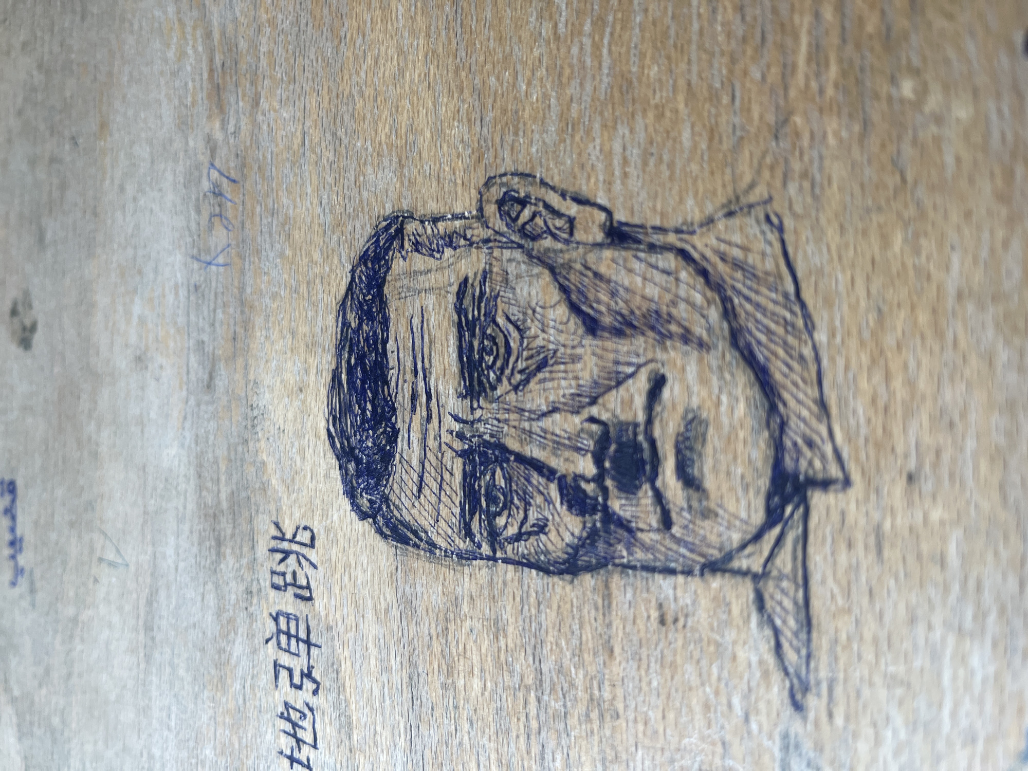 A detailed, expressive drawing of a man's head and shoulders, rendered in blue ballpoint pen, is the central subject of the image. The drawing depicts an older man with visible wrinkles, deep-set eyes, a prominent nose, and what appears to be a mustache or dark shadow above his upper lip. His hair is short and appears receding. The artistic style utilizes heavy cross-hatching and strong lines to create texture and shading, giving the portrait a somewhat somber or contemplative expression.
The drawing is sketched directly onto a light brown, grainy surface, which appears to be wood or a wood-laminate material, showing visible wood grain and some wear. Several other markings and texts are present on this surface. To the lower left of the drawn portrait, three Chinese characters are prominently visible, reading "彩电橱" (cǎi diàn chú), which translates to "color TV cabinet" or "color TV cupboard." Further to the left and slightly above these characters, there are faint blue markings including a small, dark, paw-print-like smudge, and some indistinct blue script that could be Arabic or Persian, partially decipherable as possibly "مطبخ" (matbakh), meaning "kitchen." In the upper left area of the image, fainter blue scribbles are present, one appearing to spell out "Lucy" or a similar name. The overall impression is a spontaneous sketch on a well-used, perhaps repurposed, surface, possibly in an eclectic setting in Sofia, Bulgaria.