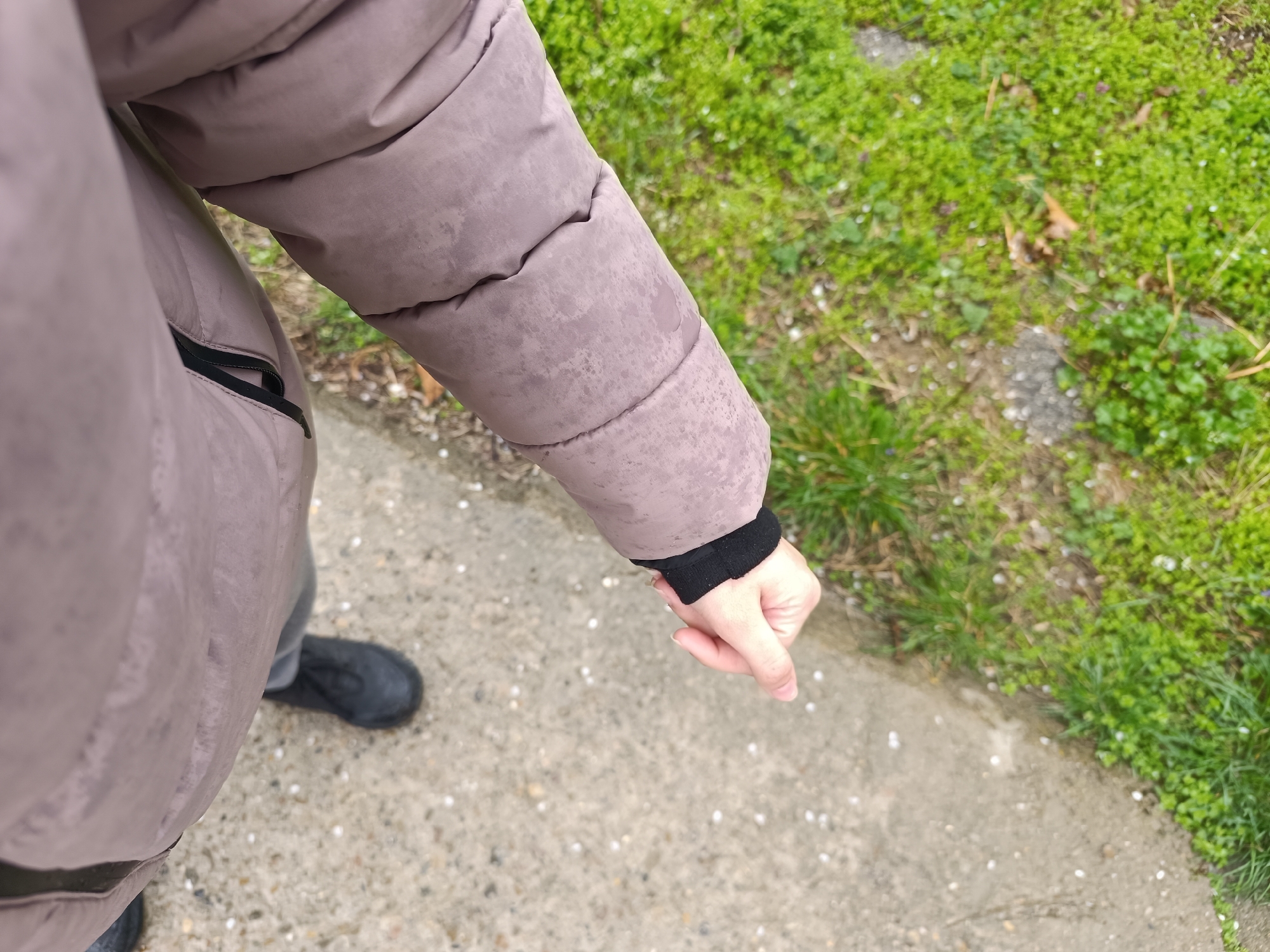 A person is standing on a concrete path with green grass to the right, likely outdoors. They are wearing a taupe puffy jacket with a black sleeve cuff visible. A black shoe is partially visible on the left. No identifying features are visible to specify the exact location within Pleven, Bulgaria.