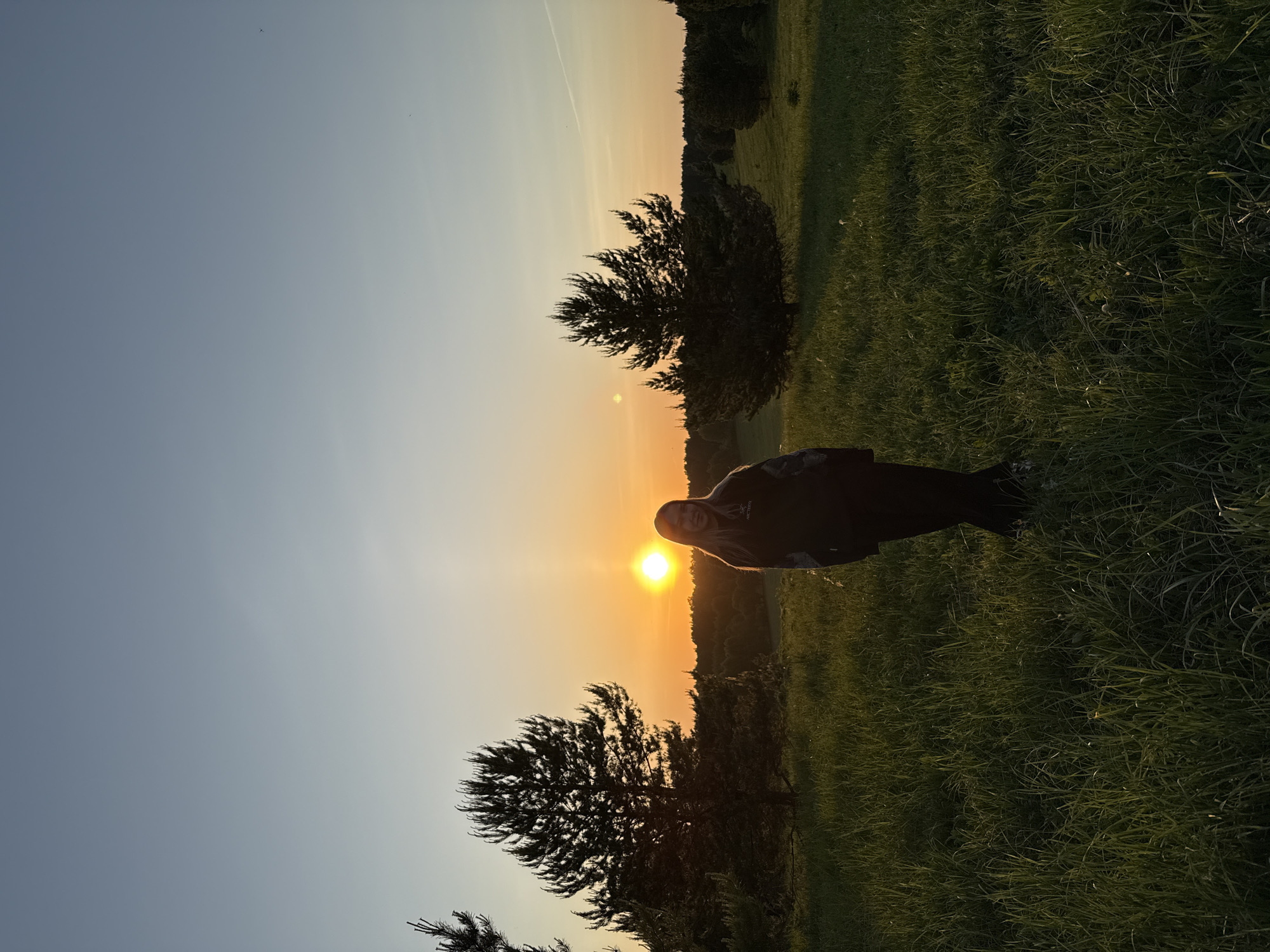 The photograph captures a sunset scene with a person in the foreground. The person is positioned slightly to the right of the frame, partially obscuring the setting sun. Trees are silhouetted against the sunset, creating a visual contrast between the dark foliage and the warm colors of the sky. The ground is covered in tall grass, and the overall environment suggests a rural or park-like setting. The city of Zhigalki, Russia, is not directly discernible from the image. The photo does not show any specific locations or landmarks that would indicate its location in Zhigalki.