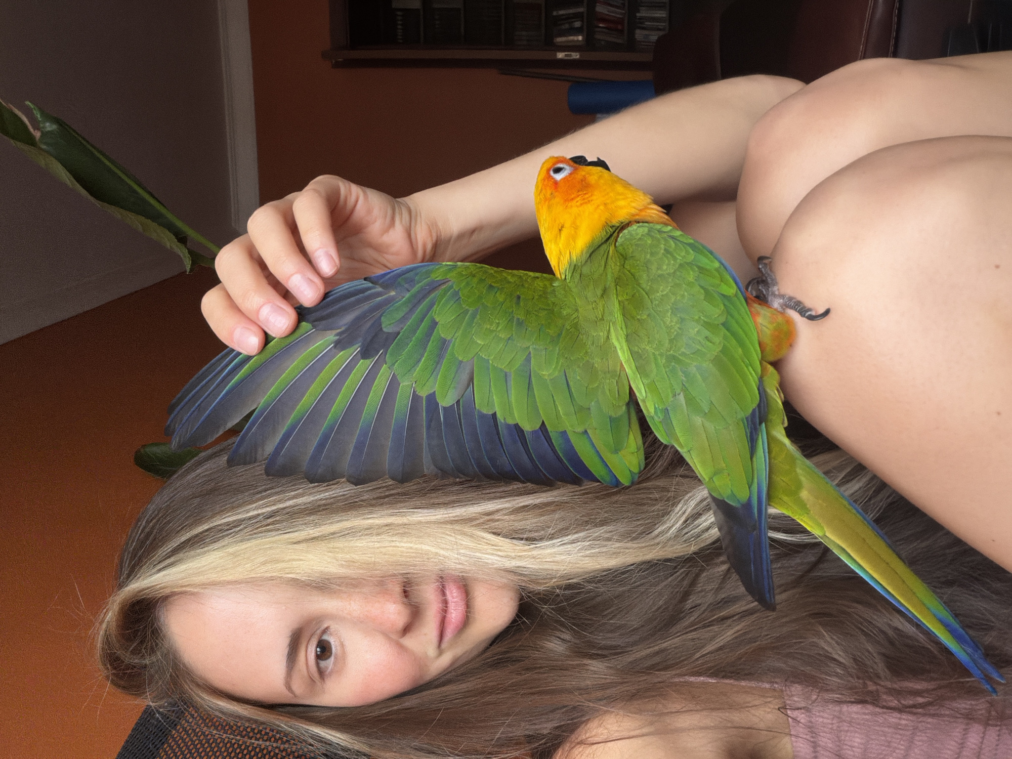 This media file features a woman and a colorful parrot, likely a Jenday Conure, in what appears to be an indoor setting. The woman's head and upper body are visible, with her long, blonde hair spread across the frame. She is lying down, with her face turned towards the camera, and her expression is relaxed and content. A parrot is perched on her chest and arm, with its wings partially spread, showcasing vibrant green and blue feathers. The parrot's head is yellow and orange, and it is looking upwards. The woman's hand is gently resting on the parrot's wing, suggesting a bond between them. The background is out of focus, but hints of furniture and possibly shelves with items suggest a home environment. The lighting indicates it might be daytime, with natural light illuminating the scene. The overall mood is intimate and peaceful, highlighting the connection between the woman and her pet. There is no visible text in the image.