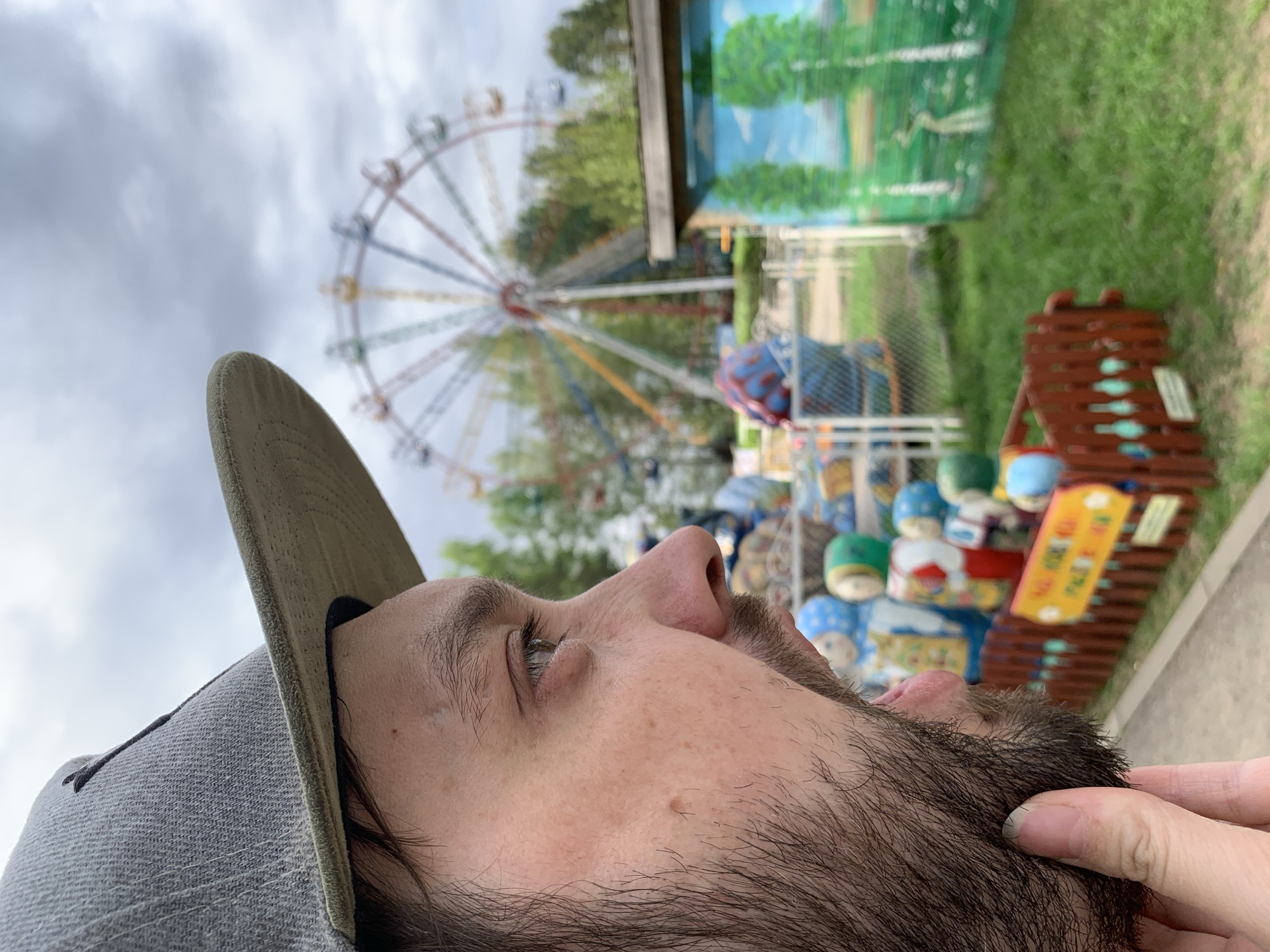 A slightly upward-angled, medium shot depicts a bearded man in a gray and khaki-colored cap, with a mole on his right cheek, looking towards the upper-right. Visible in the background, slightly out of focus, is a Ferris wheel with multicolored accents, trees, a green mural, and a display of colorful stuffed toys next to a painted wooden fence. A hand is near his ear, gently touching him. The scene is in Chaikovsky, Russia.