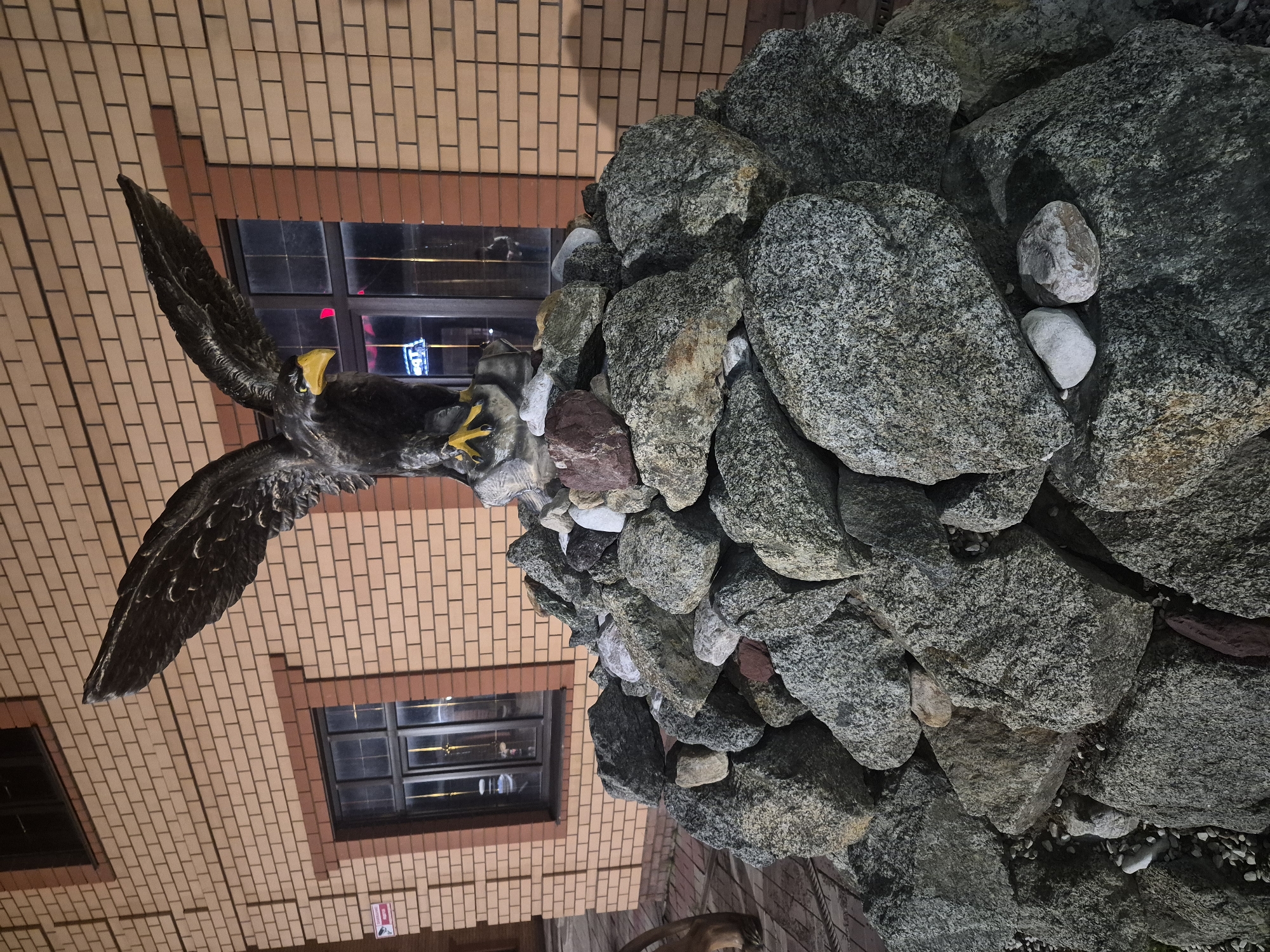 An upright, eye-level shot captures a detailed outdoor scene featuring a large bird statue, a substantial rock formation, and a brick building, likely at night or dusk in Sergeevka, Russia.
In the mid-ground and extending to the right, a tall, irregular pile of large, dark grey boulders forms a rugged structure, possibly a decorative wall or base. Some rocks have reddish-brown hues, and smaller, lighter-colored pebbles and stones are interspersed throughout. To the left of the rock pile and slightly in the foreground, a prominent dark statue of a bird, likely an eagle or hawk, is depicted in a dynamic pose with its large wings spread wide. The bird has a distinctive yellow beak and sharp yellow talons, appearing as if in mid-flight, landing, or taking off from the rock formation.
The background consists of a multi-story building constructed from light-colored, possibly tan or beige, bricks arranged in a stretcher bond pattern. The building features several dark-framed windows with reddish-brown trim. Reflections in the windows indicate interior artificial lighting and possibly neon signs from within the building, confirming the dim ambient light of the scene. A small, rectangular red and white sign, too blurry to discern specific text, is affixed to the brickwork near the bottom right window frame. A dark, thick rope or railing is visible in the very bottom right corner of the frame, hinting at another nearby structural or decorative element. No people are visible in the image.