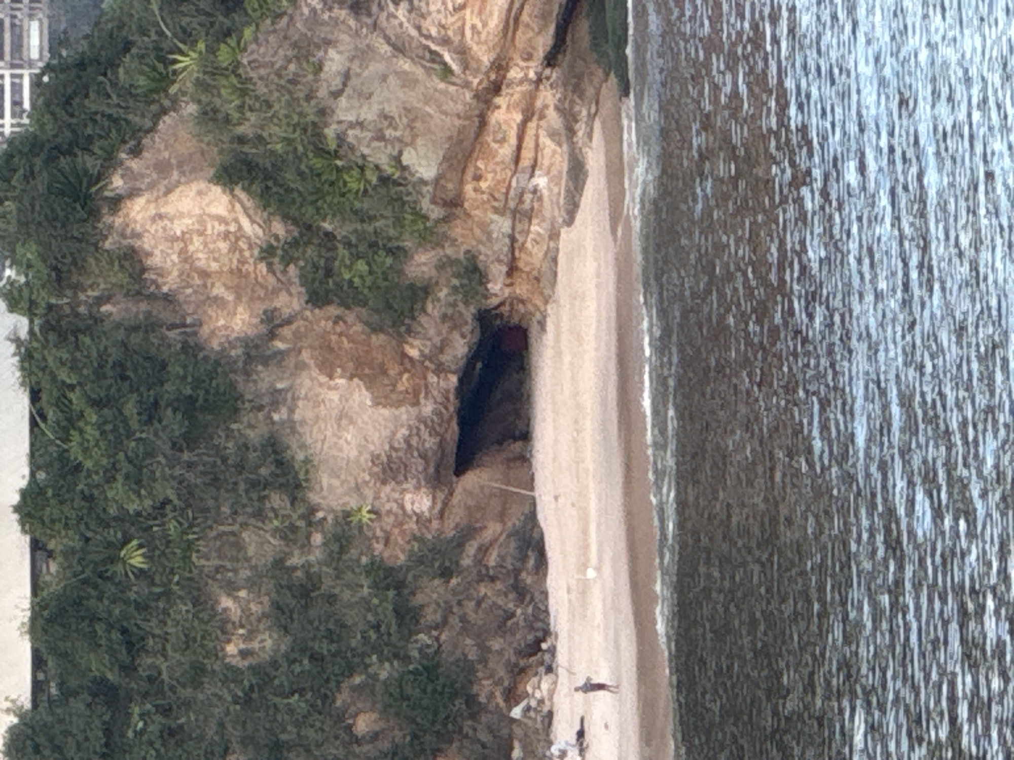 The image shows a view of a rocky cliff face with dense green vegetation growing on it, overlooking a sandy beach. The cliff face has a dark cave opening. The beach has a few people present, one appears to be standing and holding a fishing rod, and another is lying down. The sea is in the foreground, with rippling water. The scene is likely located in Niterói, Brazil, as the vegetation and rocky coastline are characteristic of the region.