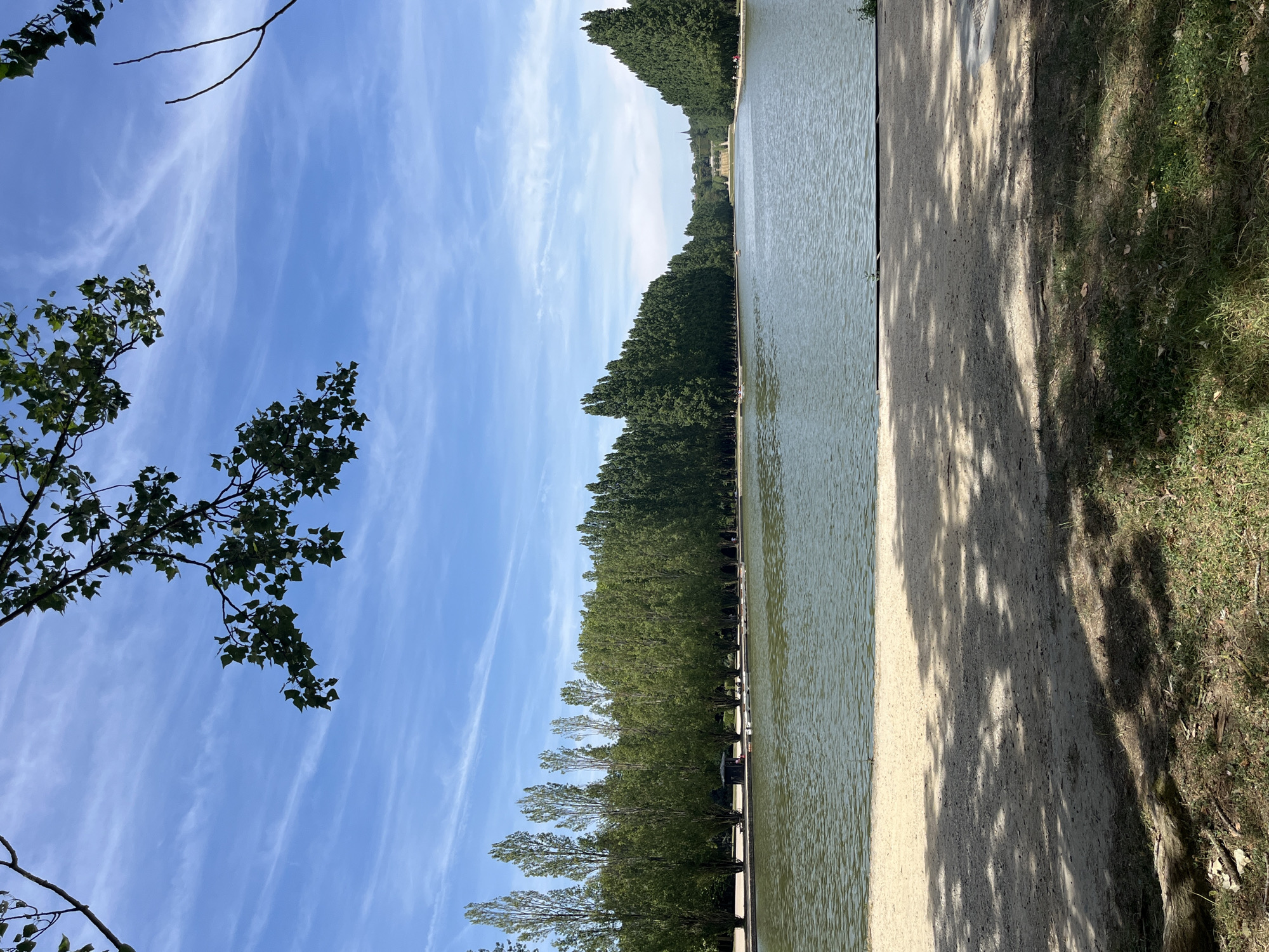 This is a medium shot photograph taken on a bright, sunny day at the Grand Canal in Antony, France. The canal dominates the center of the frame, its surface a mottled green, reflecting the sky. On the far bank, a dense line of tall, slender trees forms a verdant wall, with some slightly shorter trees interspersed. The trees are uniformly green, suggesting a summer setting. A sandy path runs along the near edge of the canal, dappled with the shadows of overhead branches. In the foreground, grass and fallen leaves are visible. The sky is a vibrant blue with thin, wispy white clouds streaking across it. A few people are visible on the far bank, and some small boats are on the water, indicating leisurely activity. In the distance, at the far end of the canal, architectural structures and more trees can be seen under the bright sky. The overall scene depicts a peaceful park or garden setting.
