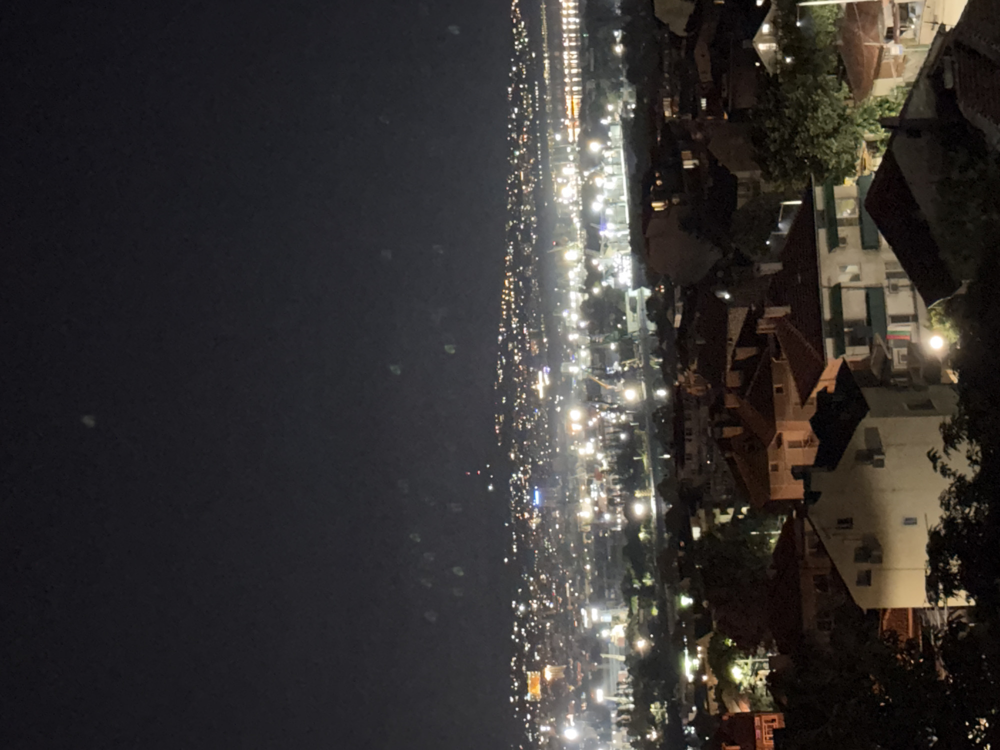 An elevated nighttime view shows a sprawling cityscape illuminated by numerous lights. The foreground features a cluster of residential buildings with red-tiled roofs and white walls, interspersed with dark trees. Beyond these homes, the middle ground reveals a denser urban area with more buildings, some appearing to be commercial or industrial, indicated by bright lights and cranes. The background is a vast expanse of city lights stretching towards the horizon, suggesting a large urban center. The sky is dark with a few scattered lights and some blurred circular artifacts, possibly lens flares or dust motes. The overall impression is one of a lively, active city at night.