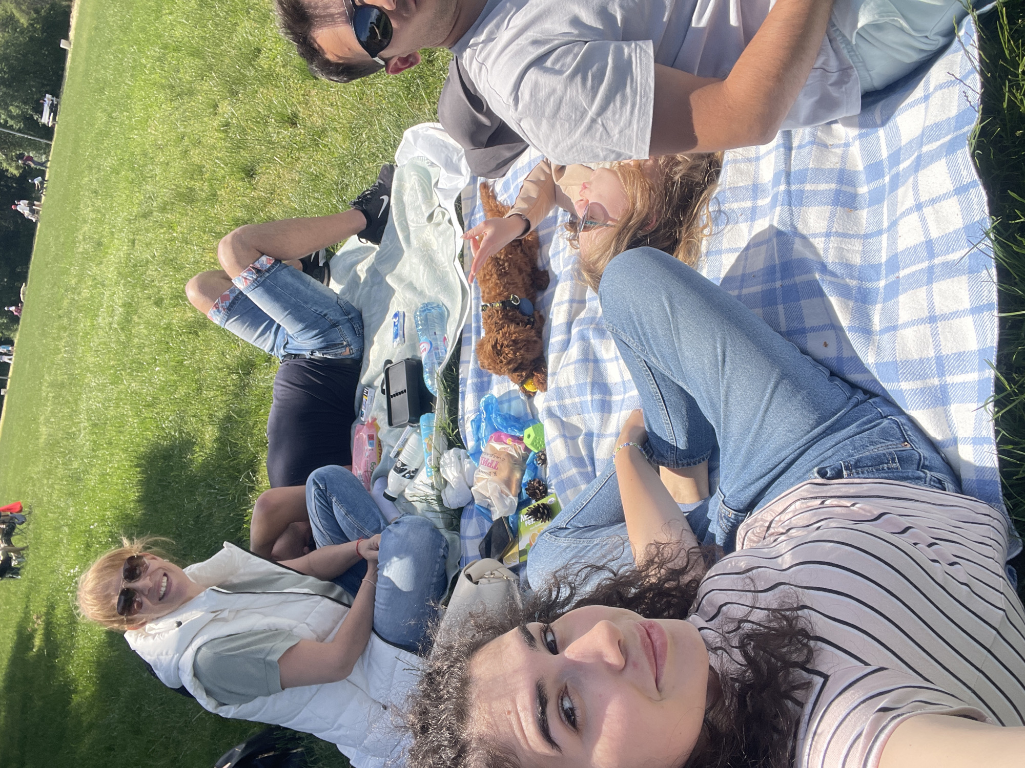 The image depicts a group of five people, and a brown poodle dog, enjoying a picnic on a sunny day. They are gathered on a blue and white checkered blanket in a grassy area. One woman with sunglasses, a white vest and blonde hair is smiling at the camera. Another woman, lying down and wearing a striped shirt, is taking a selfie. A third woman is lying down with sunglasses. A man in sunglasses is above her. A man is sitting and wearing denim shorts. Numerous items are on the blanket, including water bottles, plastic bags, and a black purse. The location appears to be a park with trees in the background. This photo was likely taken in Sofia, Bulgaria.