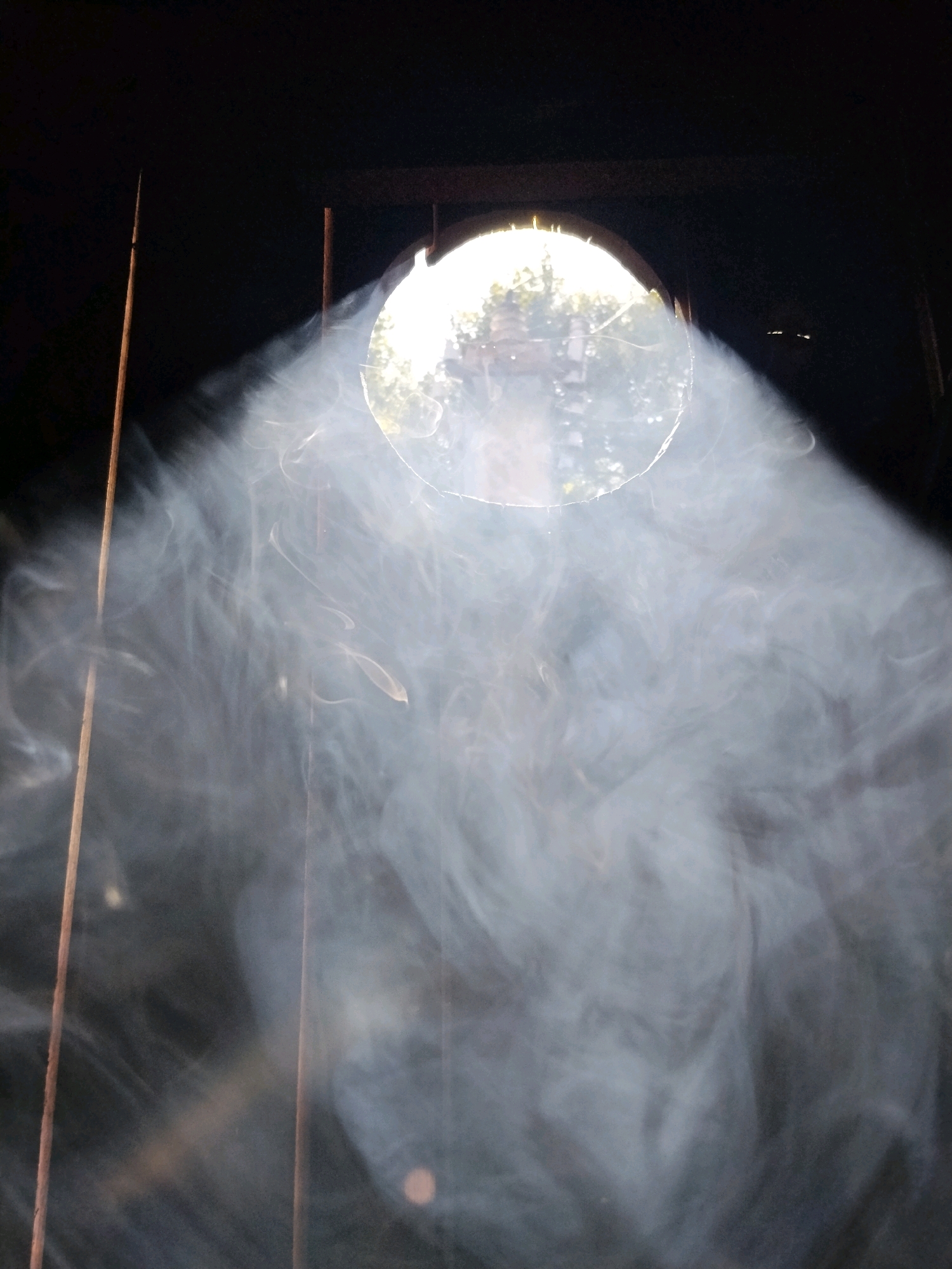 This image depicts a scene illuminated by a circular opening, likely a window or a vent, which allows sunlight to penetrate a dark interior filled with swirling smoke. Two vertical wooden elements, possibly support beams or parts of a structure, are visible on the left side of the frame, with one extending from the bottom towards the top. The smoke is dense and billows, catching the light and creating ethereal patterns. Through the opening, glimpses of trees and what appears to be a structure, possibly a building or a tower, can be seen, suggesting an outdoor environment beyond. The overall atmosphere is mysterious and dramatic, with the interplay of light and smoke dominating the composition. The location of Hoholeve, Ukraine, is noted, but the image itself does not contain any specific visual indicators that would pinpoint its exact setting within the city.