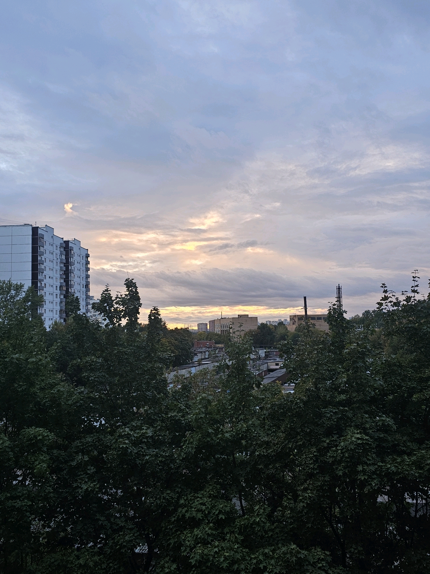 The image depicts a view of the city of Khimki, Russia, from an elevated vantage point, likely a balcony or window. The sky is overcast with a mix of gray clouds and streaks of soft yellow and orange light, suggesting either sunrise or sunset. In the mid-ground, several buildings are visible, including a tall, light-colored apartment building with multiple floors and dark vertical accents on the left side of the frame. To the right, industrial buildings and other structures with darker facades are present, along with what appears to be a communications tower. A dense layer of dark green trees with full foliage occupies the foreground and extends across the lower portion of the image, partially obscuring the view of the buildings and city below. The overall impression is a suburban or urban landscape with a natural element of trees in the foreground, under a cloudy sky. No people or animals are visible.