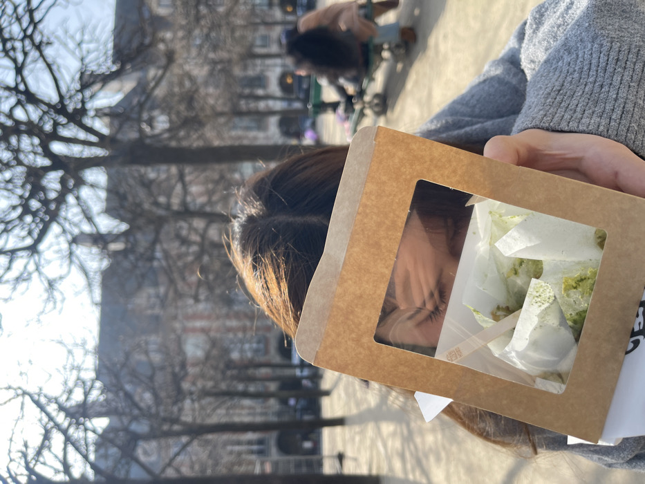 The image displays a partial view of a person holding a brown cardboard food container in a public park, identified as Place des Vosges in Paris, France. The foreground subject's head, showing long, dark brown hair with a central part, and a portion of their left shoulder clothed in a grey knitted garment, are visible. The person's closed eyes and forehead are reflected in the clear window of the held container, which obscures their lower face. Inside the container, white paper wrapping with green food residue and a small wooden utensil are visible.
The background reveals a large park square with numerous deciduous trees bearing bare branches, casting distinct shadows on the light-colored ground, suggesting late winter or early spring sunlight. Beyond the trees, the architectural facade of a multi-story building, characteristic of Parisian red brick and stone construction, is visible. In the midground to the right, another individual with dark hair is seated on a green object, leaning forward, with a wheeled item positioned nearby. Additional blurred figures are present in the distant background, indicating a public gathering space.