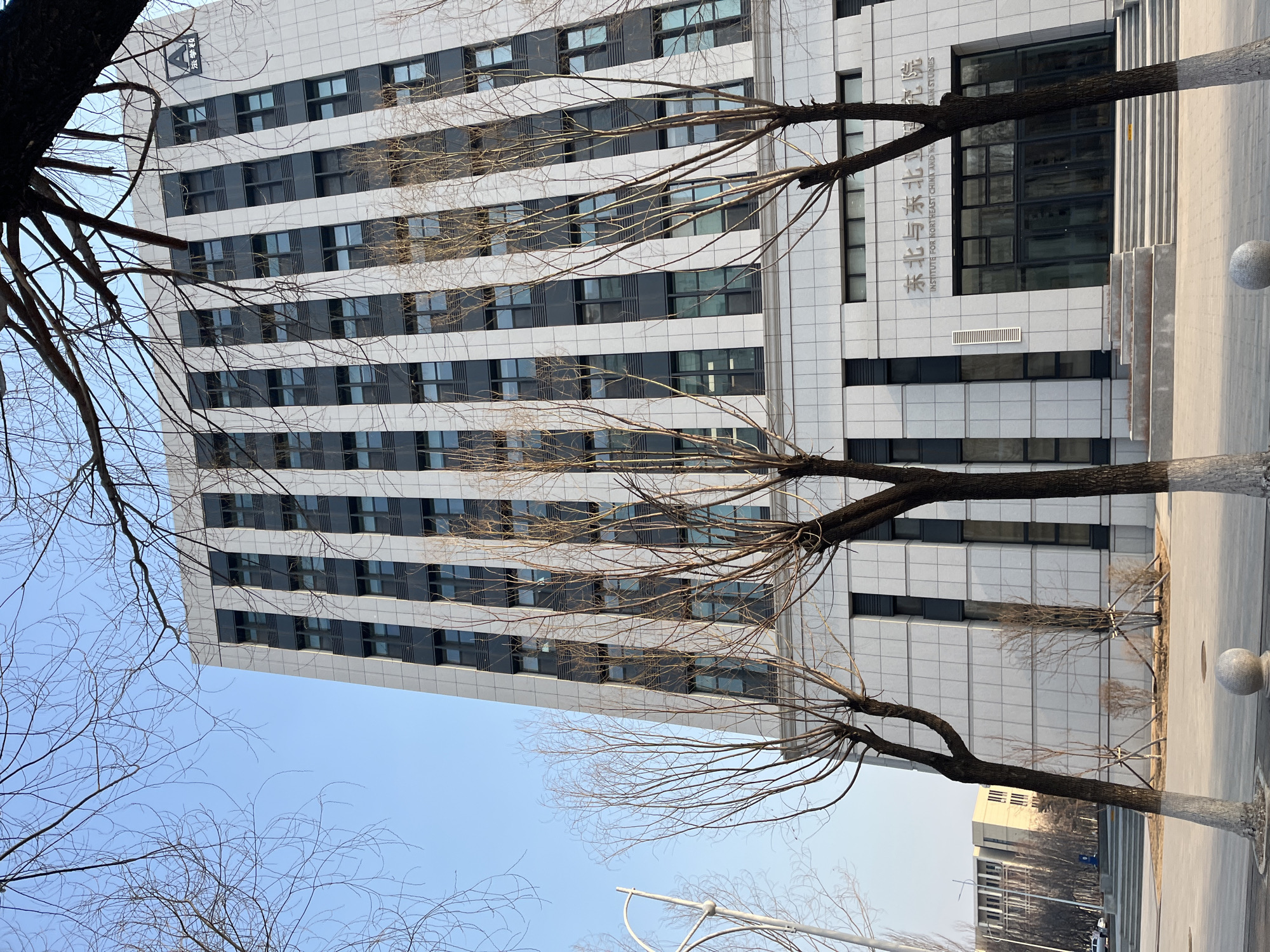 This image depicts the facade of a modern, multi-story academic building, specifically identified by its signage as the "东北与东北亚学院" (Institute for Northeast China and Northeast Asian Studies) and "INSTITUTE FOR NORTHEAST CHINA AND NORTHEAST ASIAN STUDIES." A smaller logo and text on the top right corner read "吉林大学" (Jilin University), confirming its location within Jilin University in Changchun City, China.
The building's exterior features a grid pattern of light grey/white tiles interspersed with vertical sections of dark grey/black panels containing rectangular windows. The main entrance is centered on the ground floor, comprising multiple glass doors, accessed by a series of concrete steps. The sky above is clear blue, indicating daytime conditions. In the foreground and partially obscuring the building, several leafless deciduous trees with bare branches are present, suggesting a winter or early spring season. The trunks of some trees are painted white at their bases. The ground level consists of a paved walkway or plaza. To the far left, a street lamp fixture is visible, along with parts of another distant building. No individuals or specific actions are visible within the frame. Grey spherical bollards are placed on the ground near the trees.
