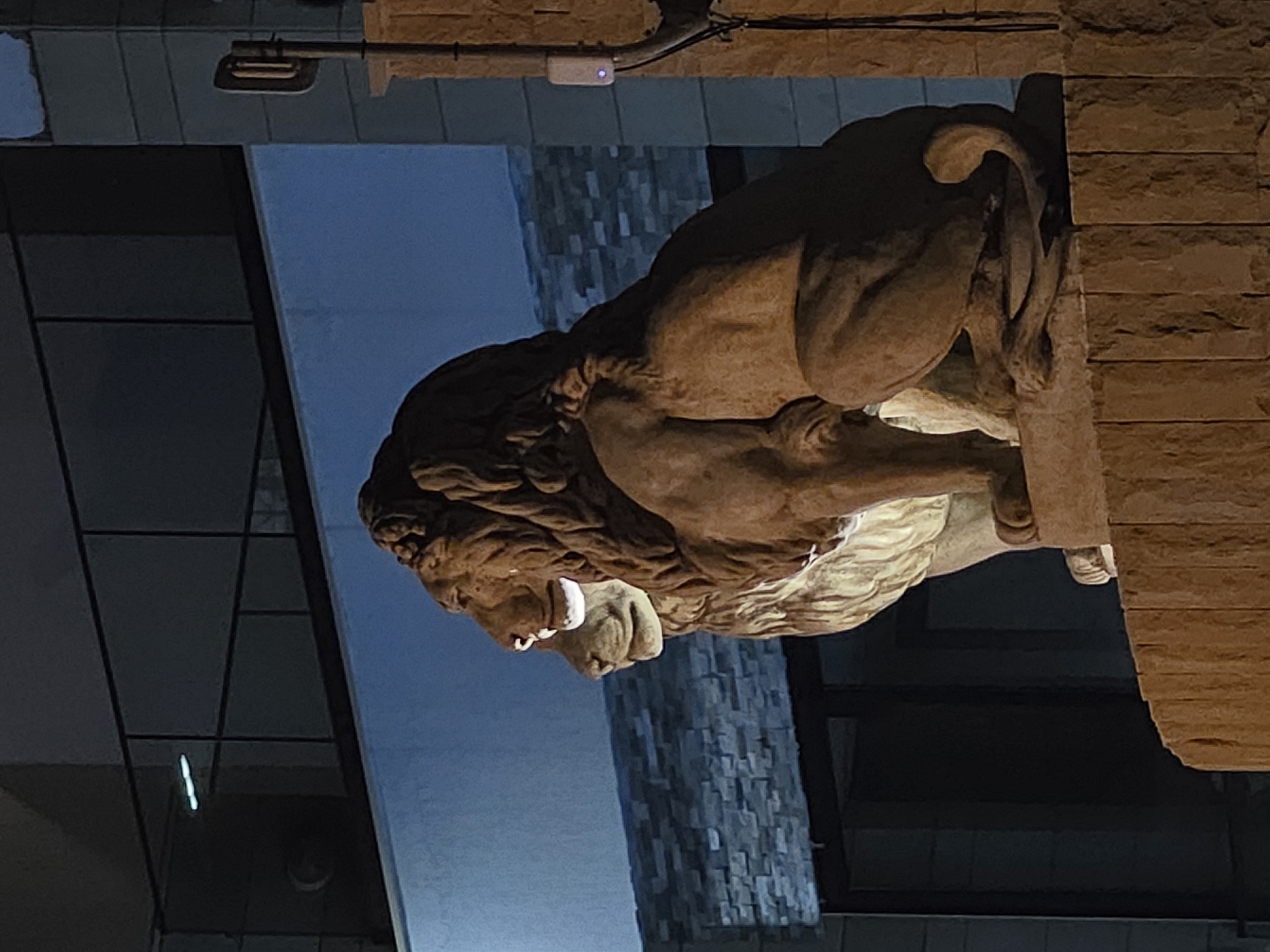 The image shows a close-up, low-angle, outdoor night photograph of two stone lion statues situated on a stone pedestal. The statues are positioned side-by-side, facing left, with the larger lion appearing to be in front of a smaller one. The larger lion's mane is detailed, and both statues have a weathered, stone texture. The background consists of a modern building with dark windows and a bright, reflective horizontal surface. A metal railing is visible above the reflective surface. To the right of the statues, a stone-like wall is present, with a black pipe and a small white electronic device with a blue light mounted on it. The scene is illuminated by artificial lighting, creating strong contrasts and highlighting the texture of the stone. The location is identified as Hlorakas Community, Cyprus.